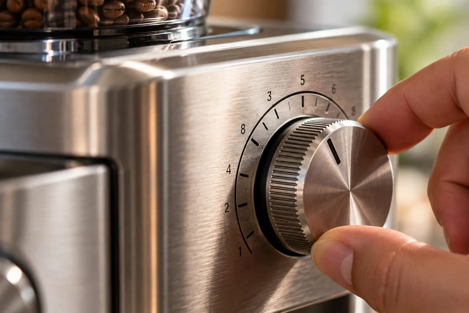 Close-up of the grind size dial on the side of a stainless steel espresso machine with a built-in grinder