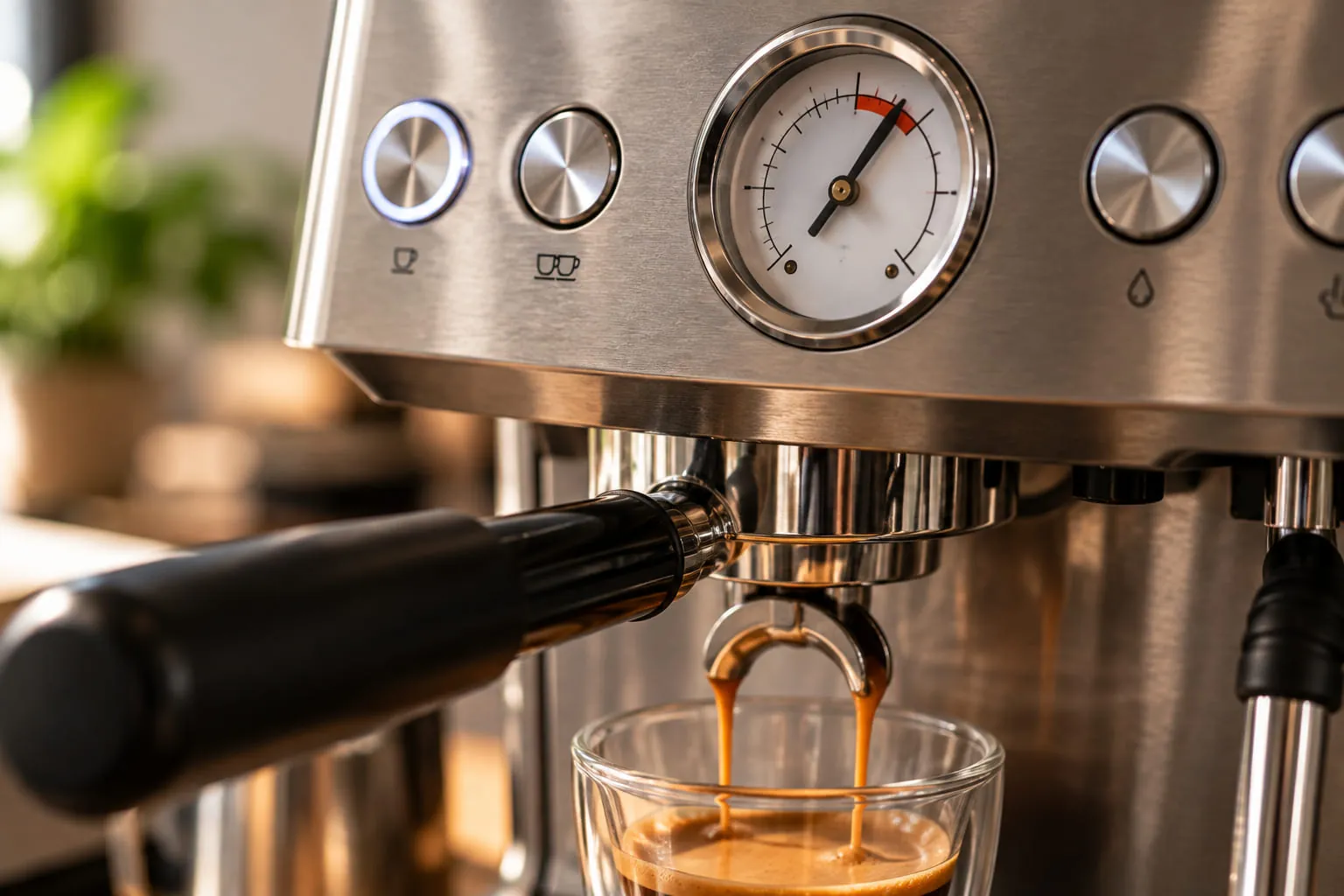 Analog espresso machine pressure gauge with the needle resting in the shaded espresso range during a shot