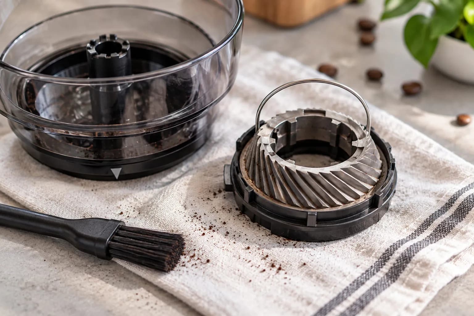 Removable upper conical burr with a wire lift handle beside an emptied bean hopper and cleaning brush