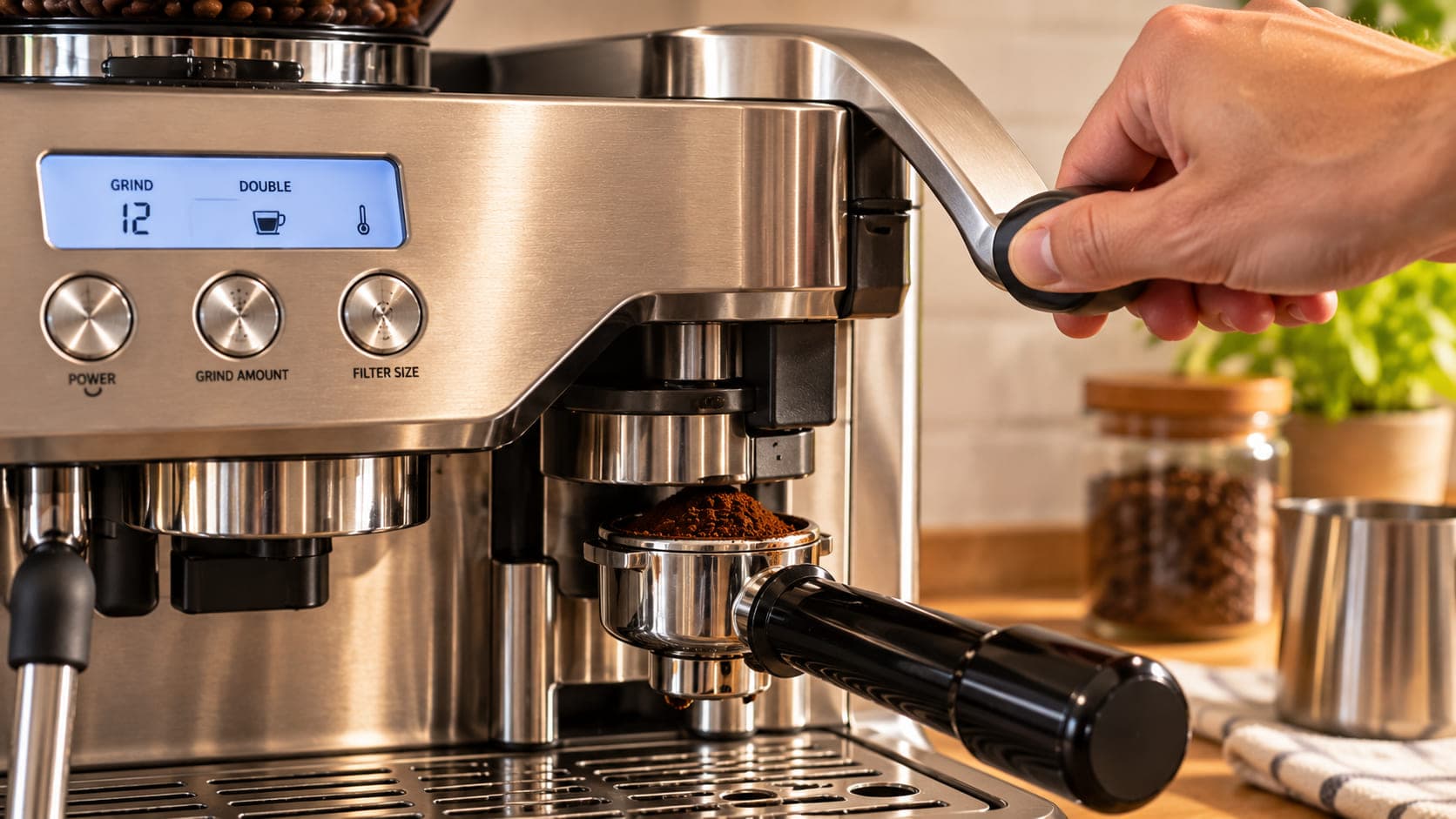 Hand pulling an assisted tamping lever on a stainless espresso machine with the portafilter in place