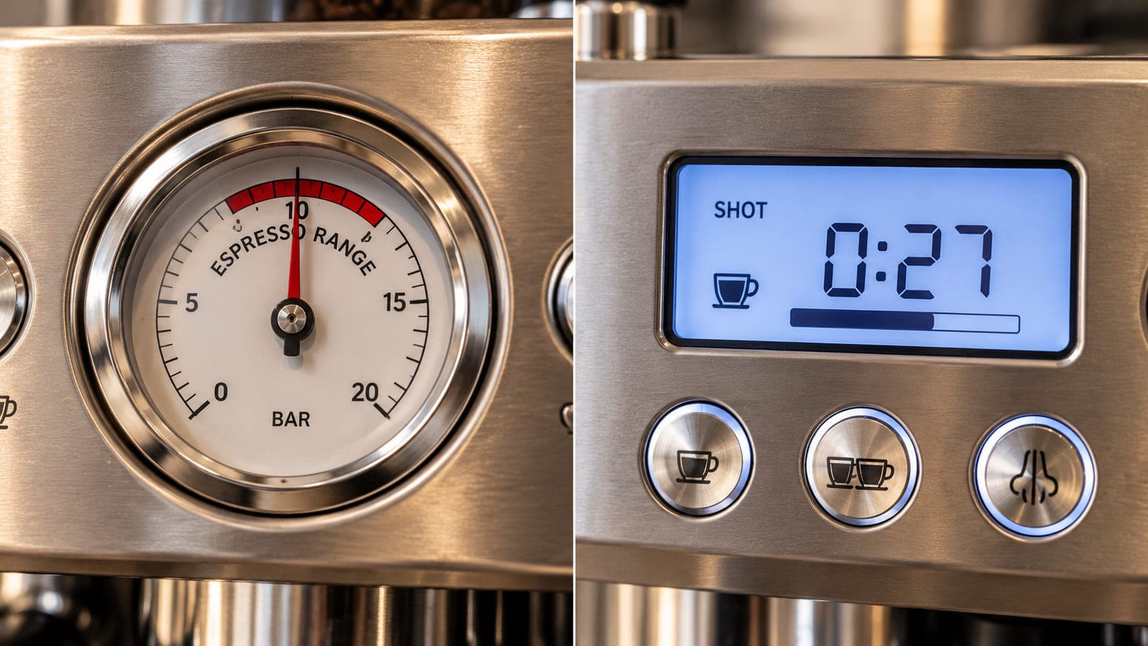 Analog pressure gauge on one machine beside a digital screen showing a 27-second shot timer on another