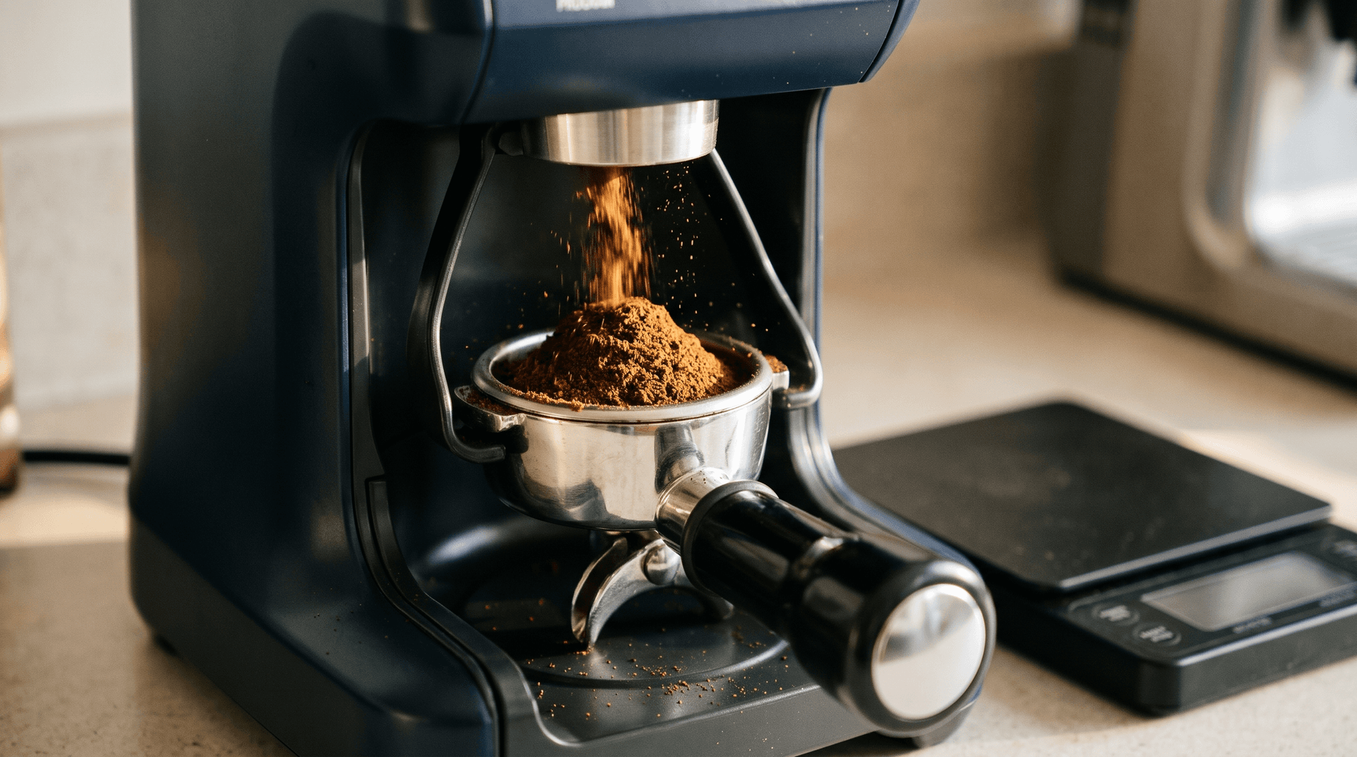 Portafilter resting in a grinder cradle catching fine espresso grounds