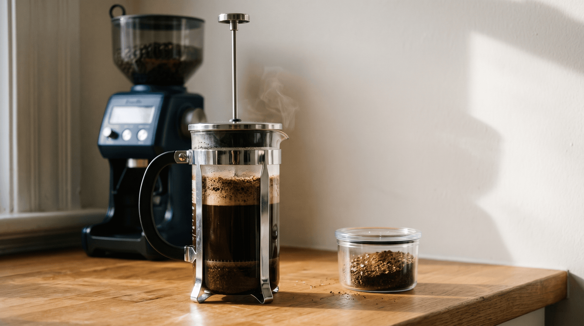 Coarse coffee grounds steeping in a glass French press beside a stainless grinder
