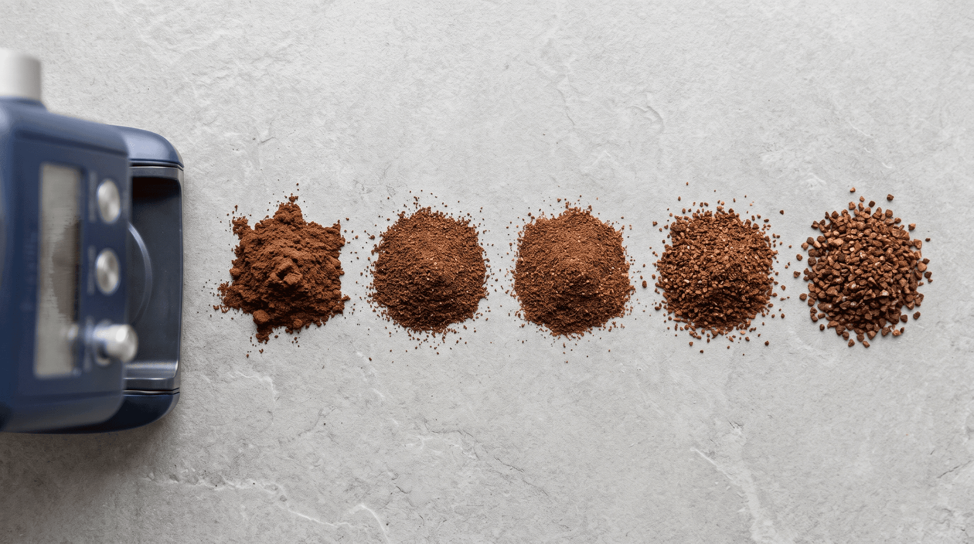 Five piles of coffee grounds from fine espresso powder to coarse French press grind