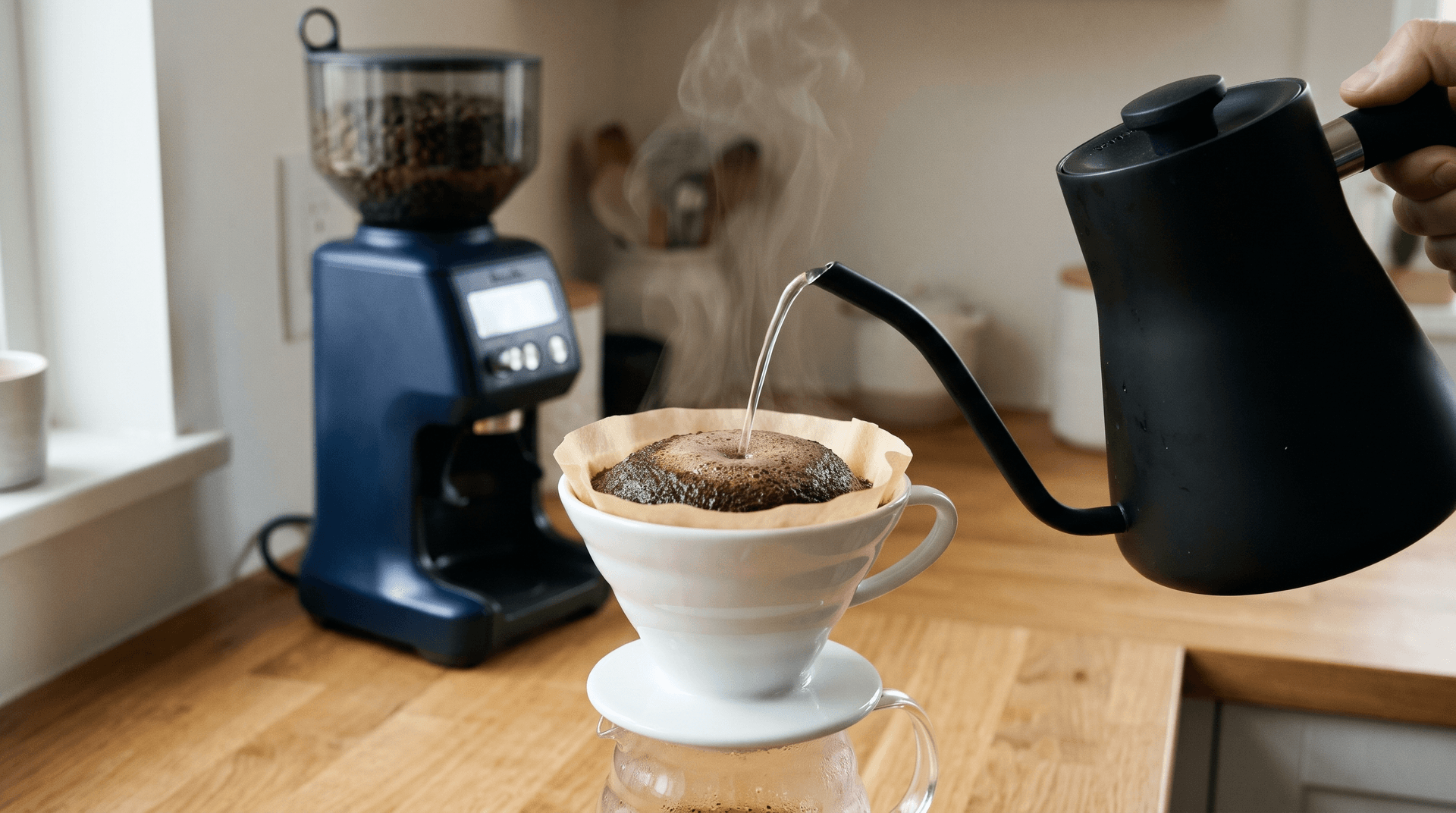Water poured in a spiral over a blooming coffee bed in a V60 dripper