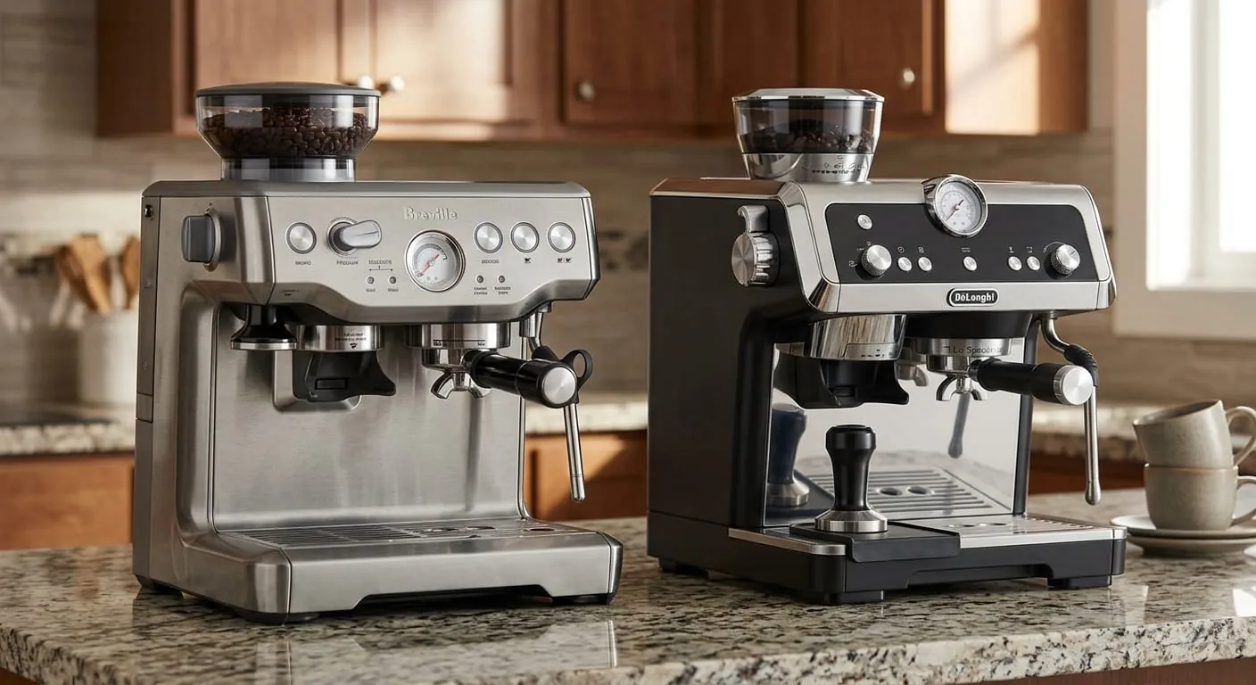 Breville Barista Express next to a De'Longhi La Specialista on a counter
