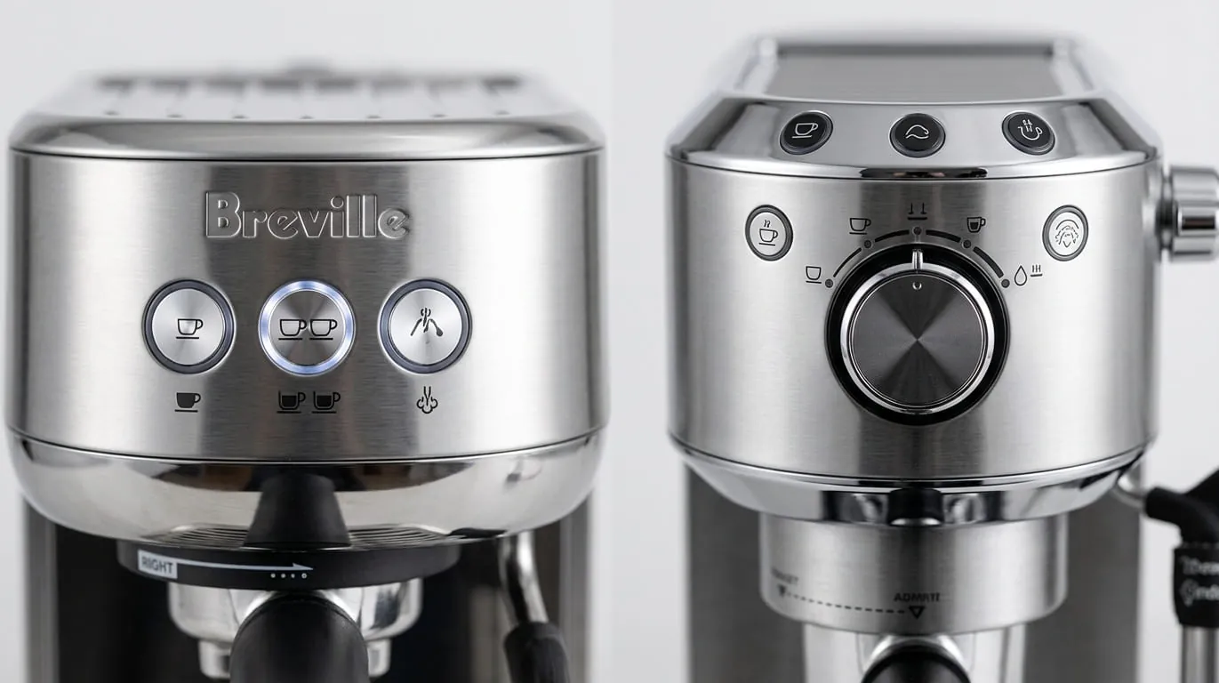 Close-up of touchscreen and button controls on two espresso machines