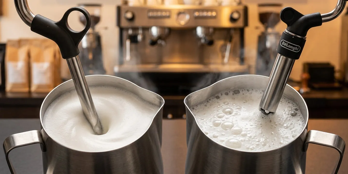 Two espresso machine steam wands frothing milk side by side