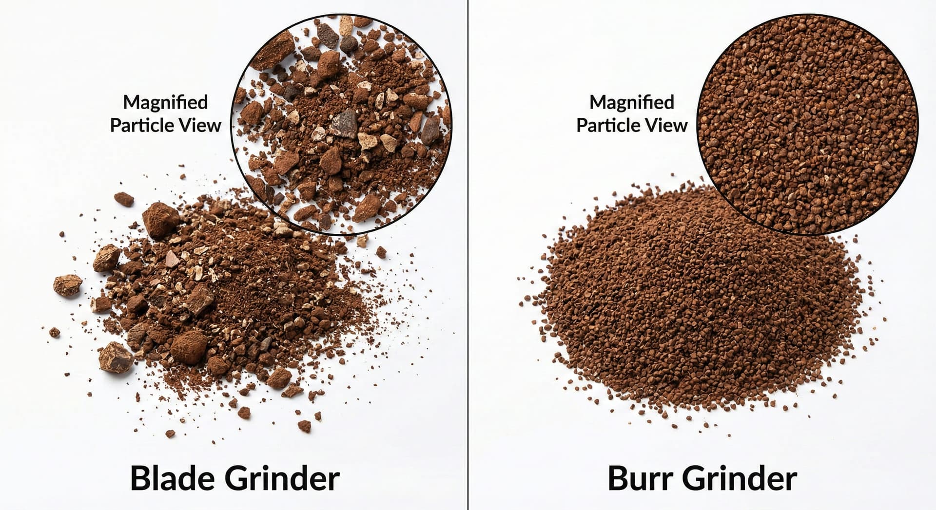 Side-by-side technical comparison demonstrating inconsistent particle distribution from blade grinder producing coffee fines and boulders versus uniform precise grind consistency from quality burr grinder showing optimal extraction particle size range measured with refractometer and sieve analysis from specialty coffee equipment testing