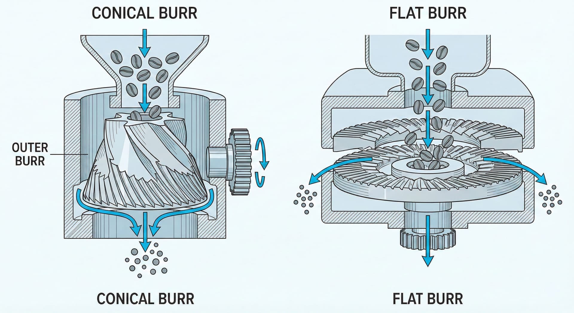 Detailed technical cutaway engineering diagram showing conical burr cone geometry and flat parallel burr disc grinding mechanisms with particle flow paths, burr gap adjustment, and grind uniformity patterns from grinder technology analysis and manufacturing facility visits to Germany and Italy