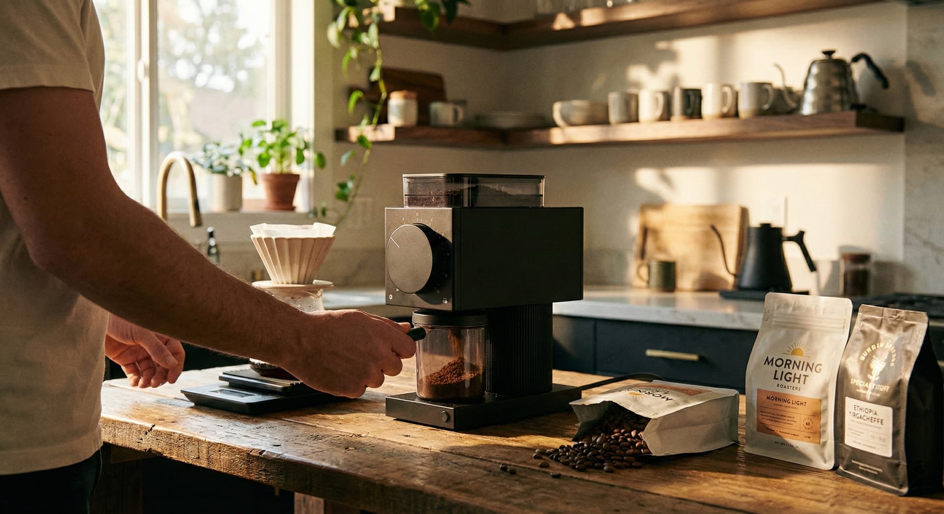 Freshly ground specialty coffee being brewed in glass pour-over dripper with aromatic steam rising and premium burr grinder in background showing complete home coffee brewing setup demonstrating optimal grind-to-brew workflow timing for maximum flavor extraction and aromatic compound preservation