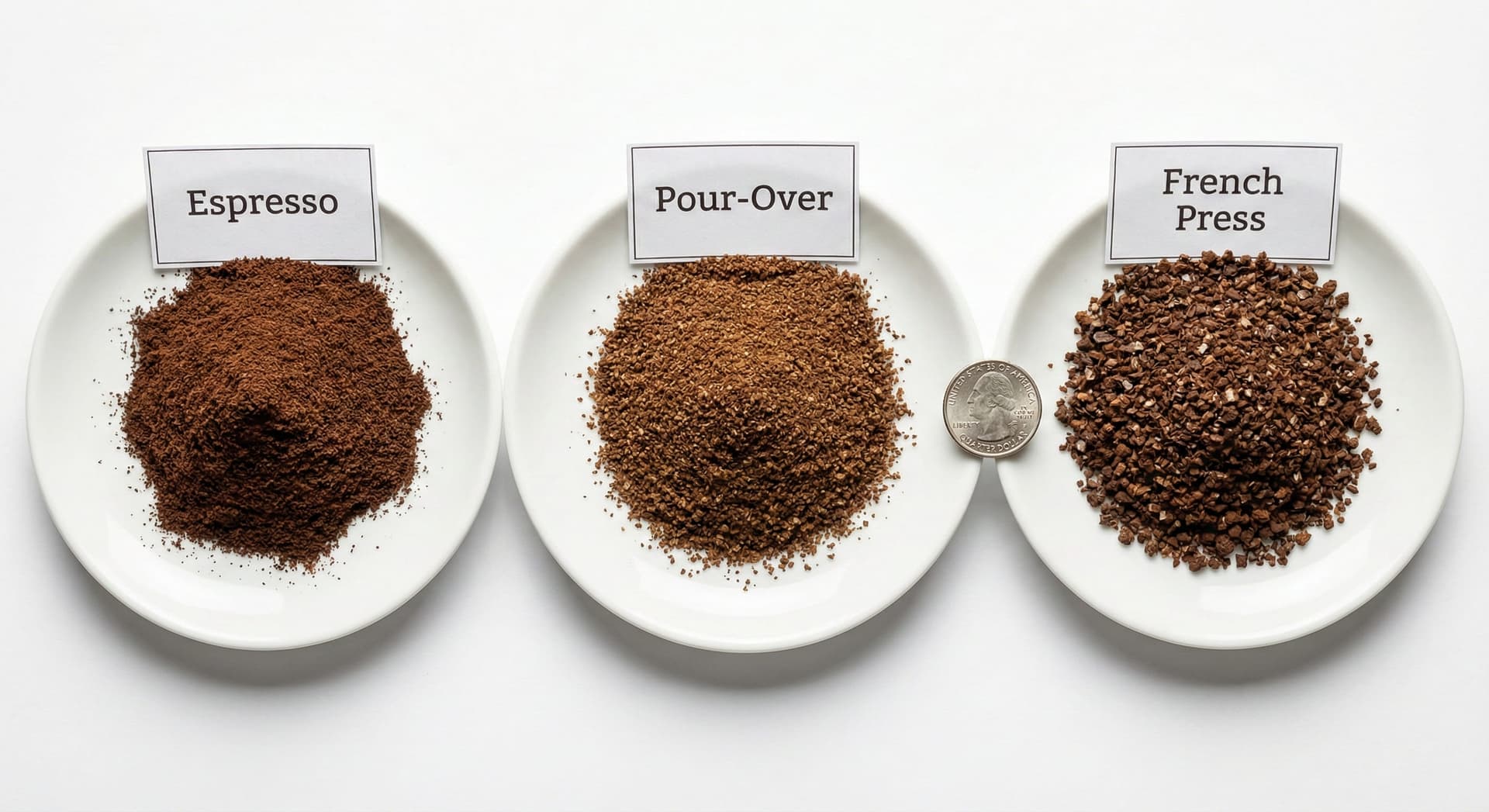 Professional demonstration of three distinct coffee grind particle sizes showing fine Turkish espresso grind 200-300 microns, medium pour-over drip grind 500-800 microns, and coarse French press grind 1000-1200 microns measured with precision sieve analysis from SCA-certified Q Grader testing protocols