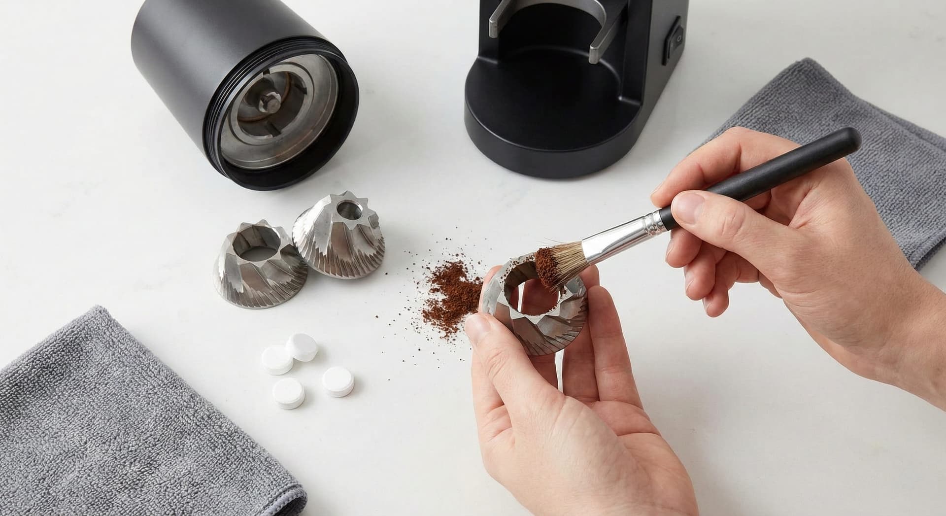 Burr grinder maintenance procedure showing removable burr carrier, cleaning brush for coffee oil residue, burr set inspection for wear patterns, and proper reassembly ensuring optimal grinder performance and particle consistency from specialty coffee shop equipment consulting