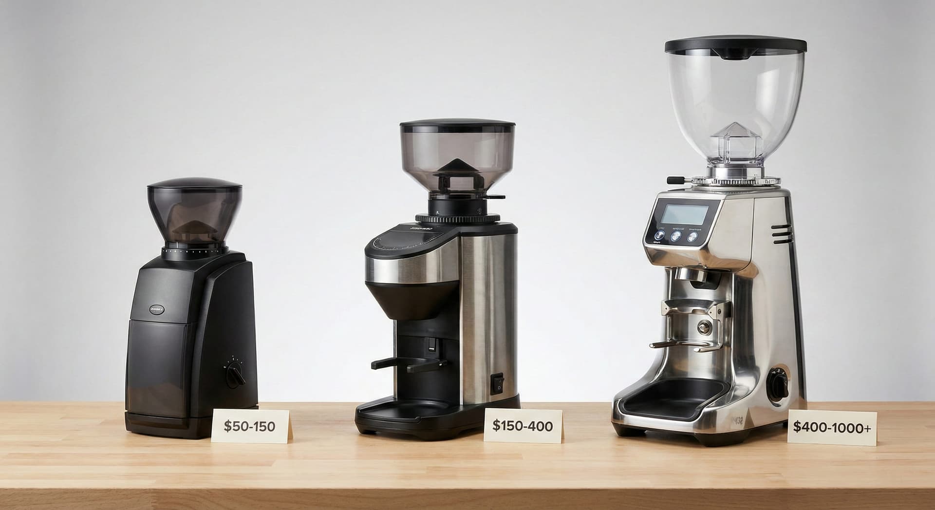 Comprehensive lineup comparison showing budget entry-level burr grinder $100-150, mid-range enthusiast grinder $200-400, and premium prosumer grinder $500-1000+ demonstrating feature progression and build quality differences from hands-on testing of over 100 grinder models across all price segments