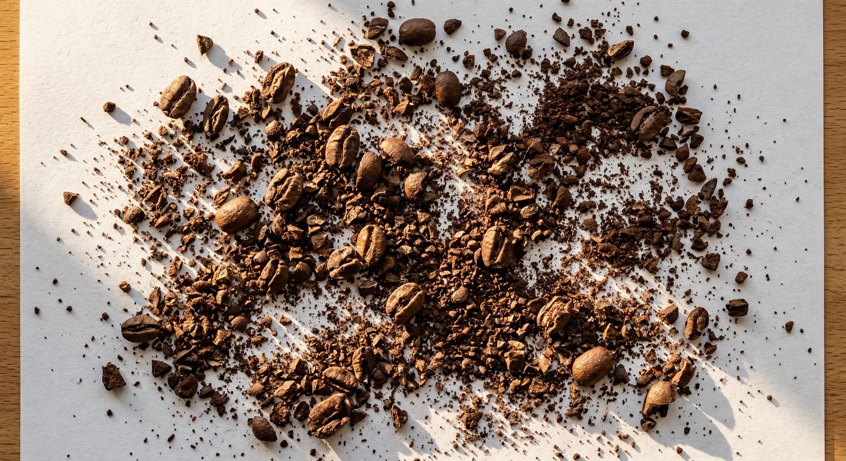 Macro photograph of blade-ground coffee showing chaotic inconsistent particle sizes — extreme fines mixed with coarse chunks showing poor grind consistency from blade grinder