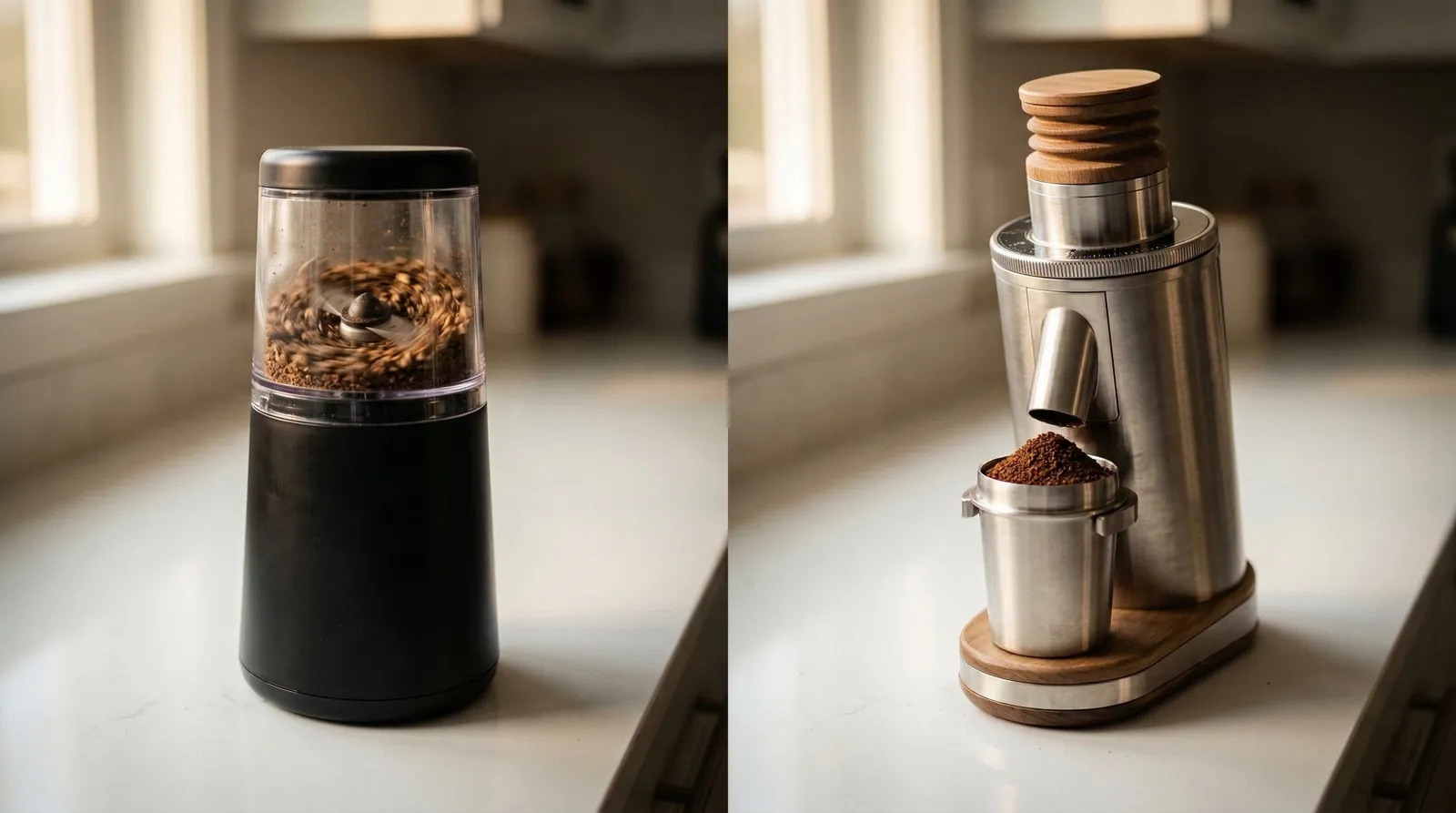 Blade coffee grinder next to a burr coffee grinder on a kitchen counter
