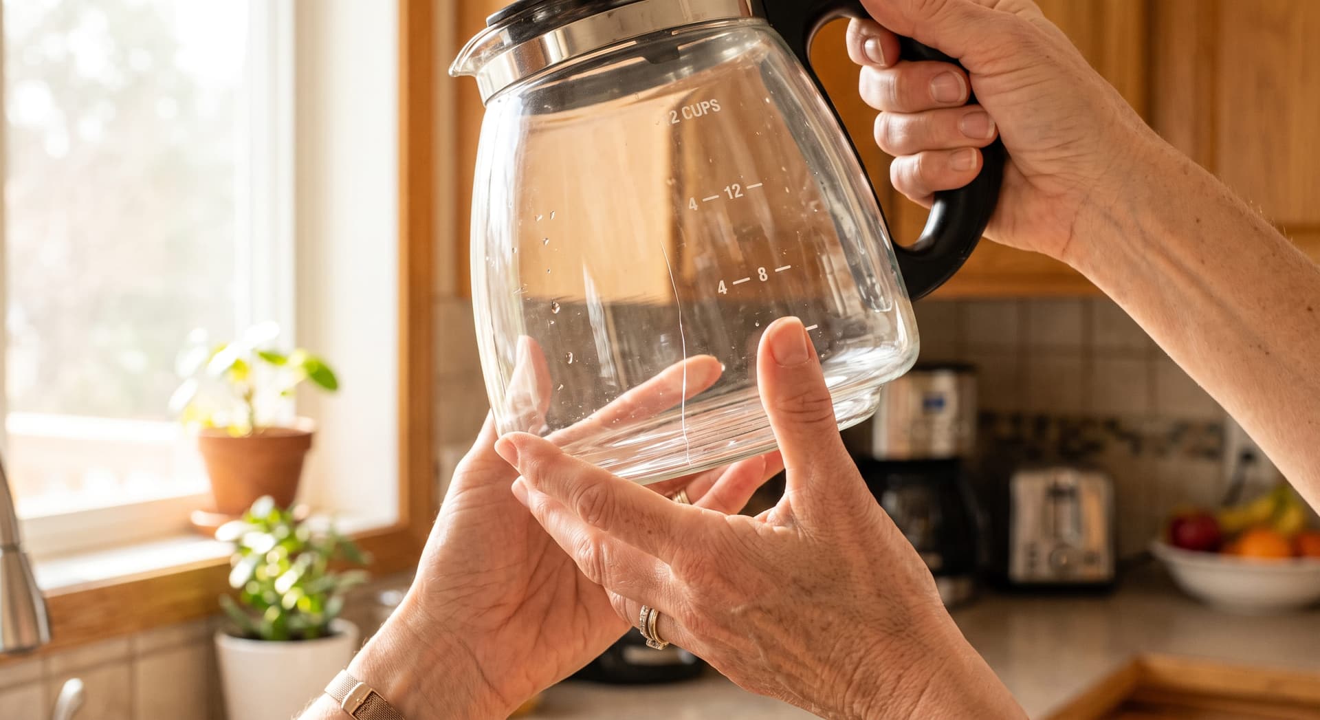 Person holding a glass coffee carafe up to bright window light inspecting for hairline cracks along the base seam — visual check for a cracked carafe causing coffee maker to leak