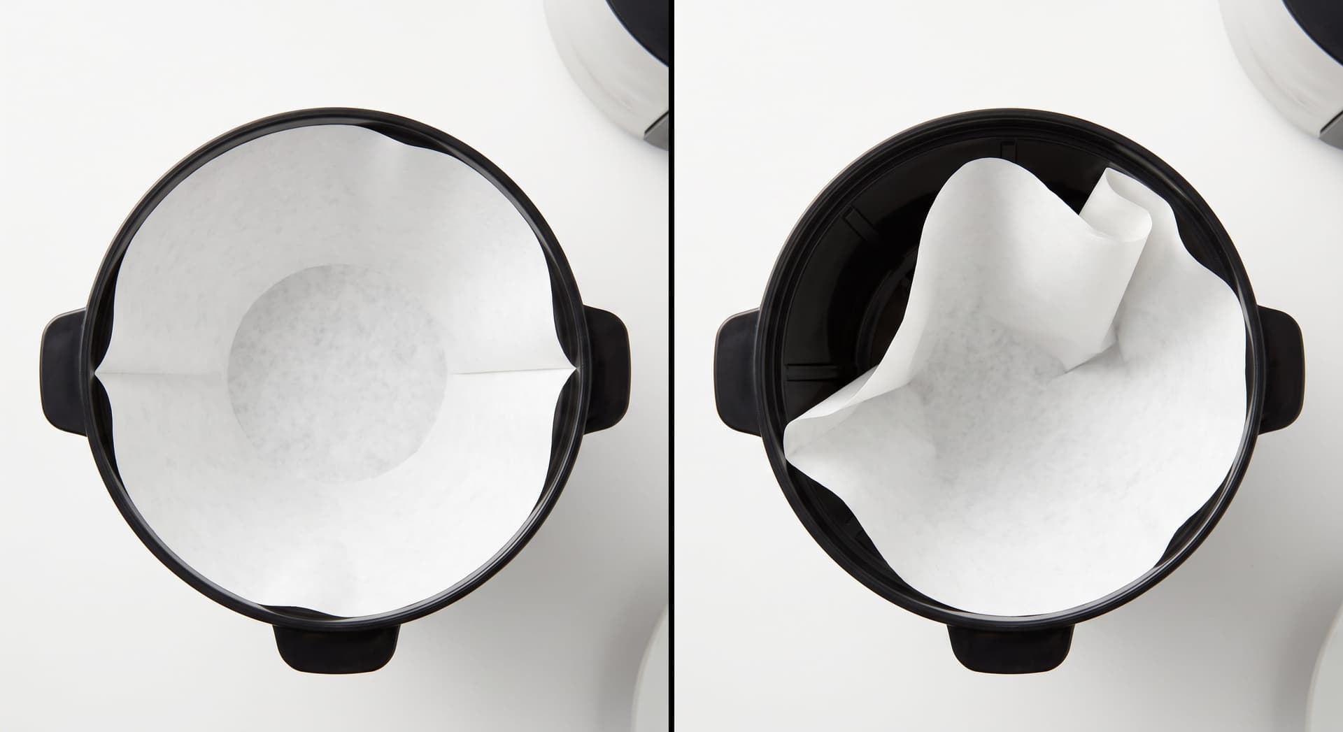 Hands pressing a paper coffee filter flat against the sides of a drip coffee maker basket, ensuring no folded edges block drainage — correct filter placement to prevent filter basket leaks