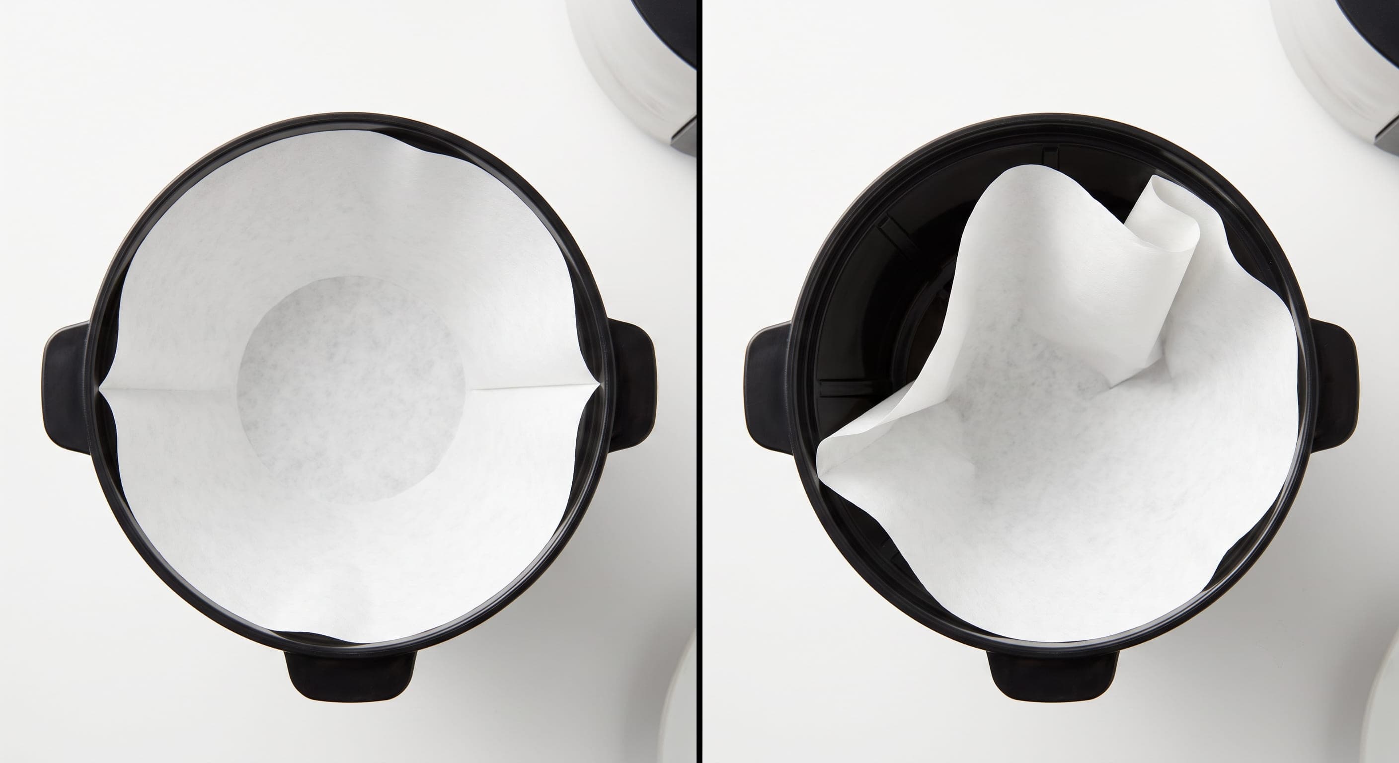 Hands pressing a paper coffee filter flat against the sides of a drip coffee maker basket, ensuring no folded edges block drainage — correct filter placement to prevent filter basket leaks