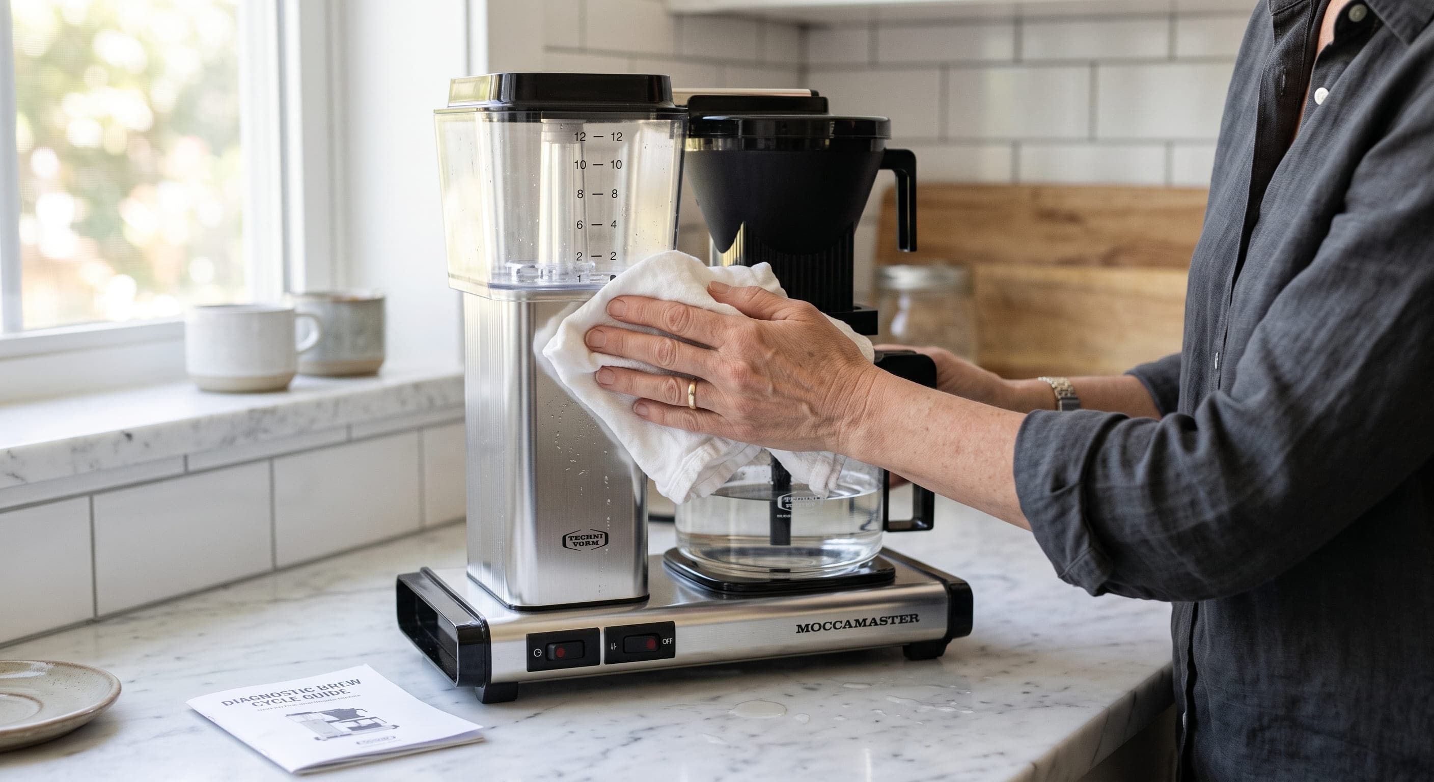 Drip coffee maker on a white counter with a dry towel beneath it and a person observing a plain water brew cycle — diagnostic process for locating where a coffee maker is leaking water