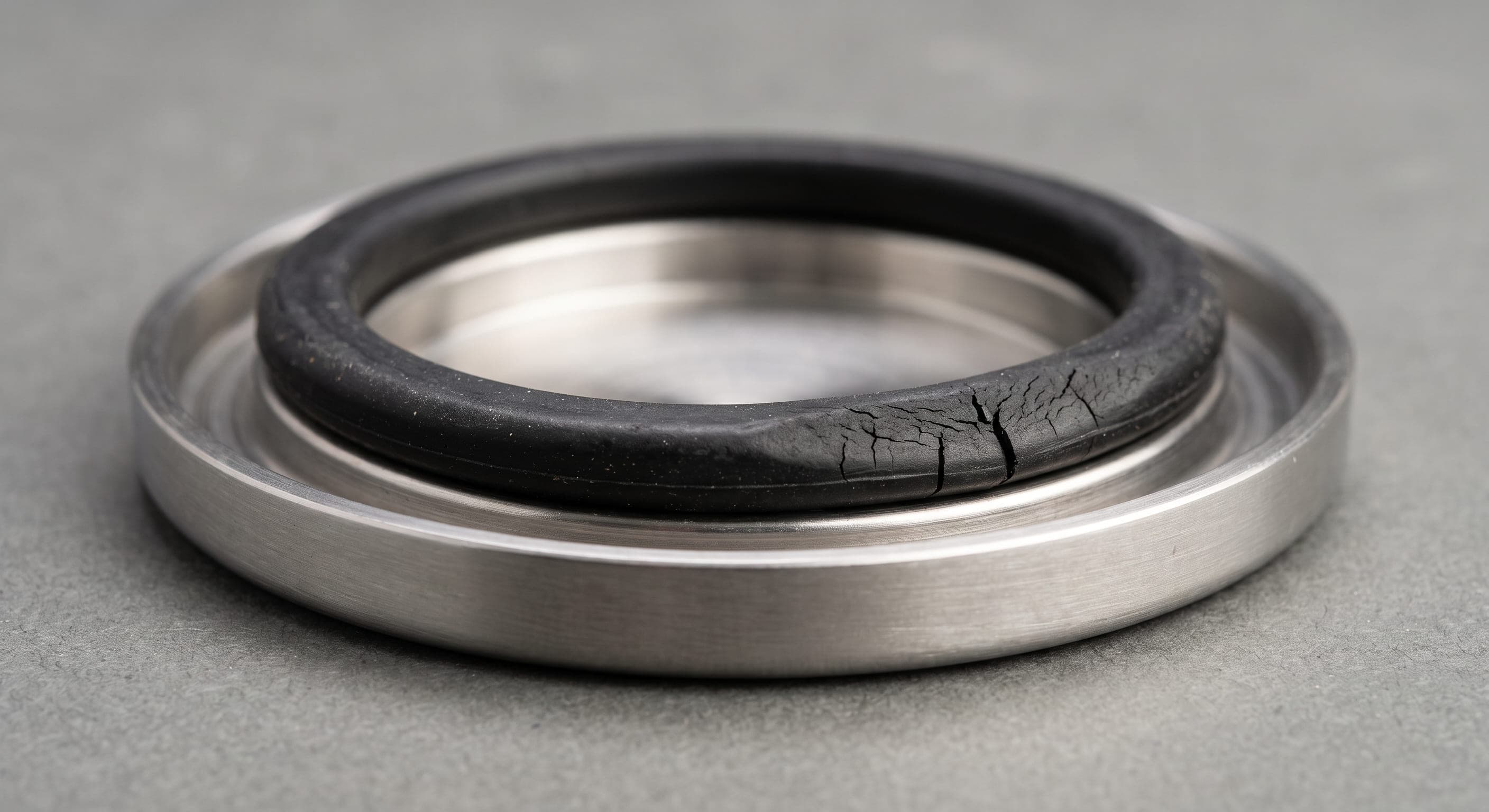Thermal carafe lid disassembled showing a worn and cracked rubber gasket removed from its groove — degraded lid seal causing coffee to leak from thermal carafe during pouring