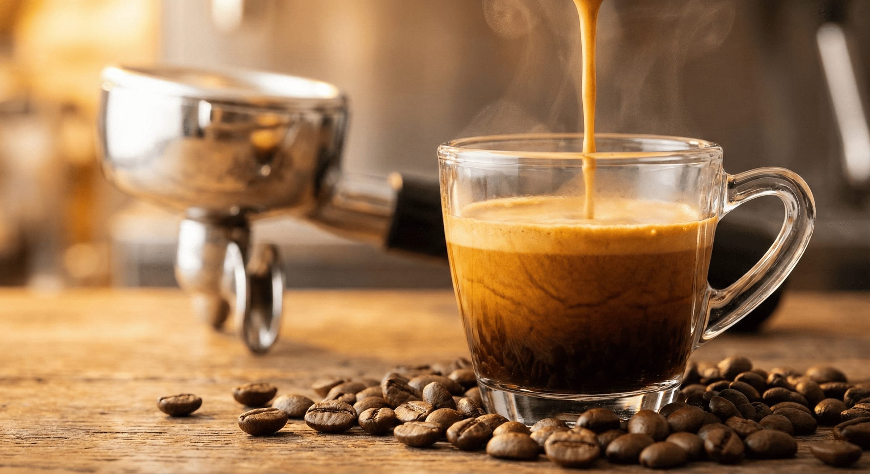 Perfect espresso shot with rich crema being pulled from freshly ground premium espresso beans