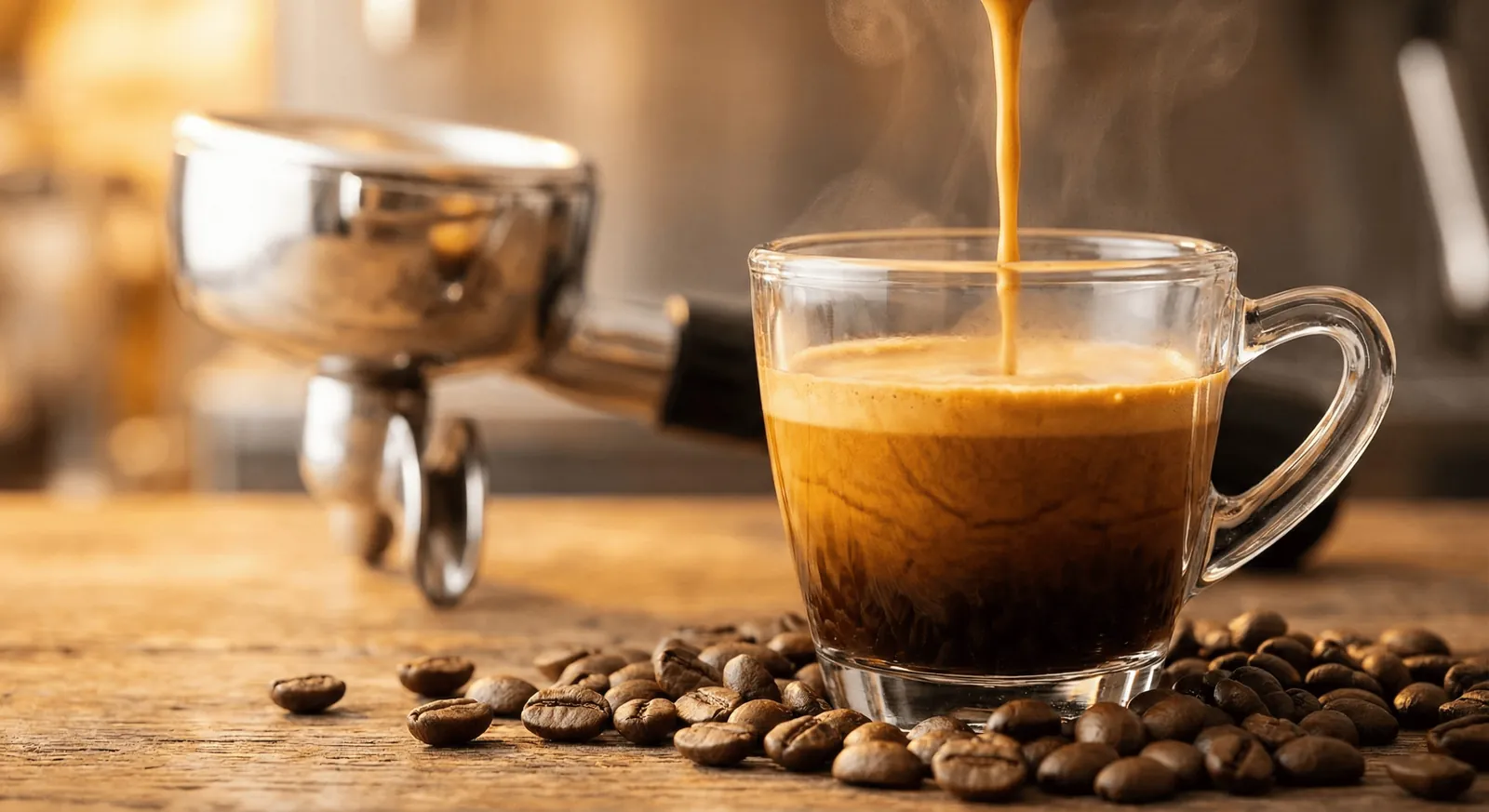 Espresso pouring into a glass cup with thick golden crema next to a portafilter and scattered beans