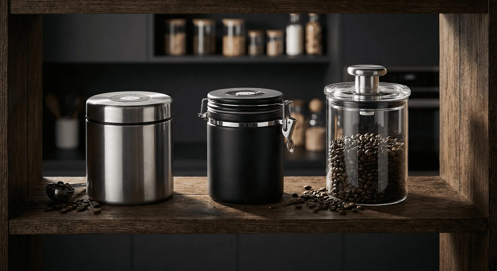 Three airtight coffee canisters, steel, black and glass, on a dark wooden shelf with beans scattered in front