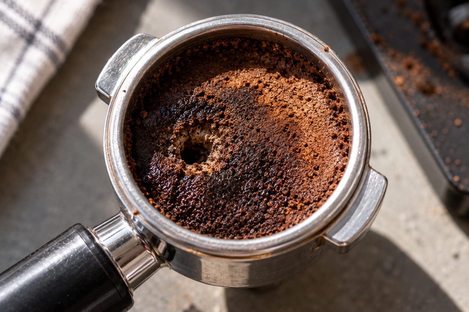 Spent espresso puck showing a visible channeling hole and uneven wet and dry patches from water rushing through a weak spot in the coffee bed