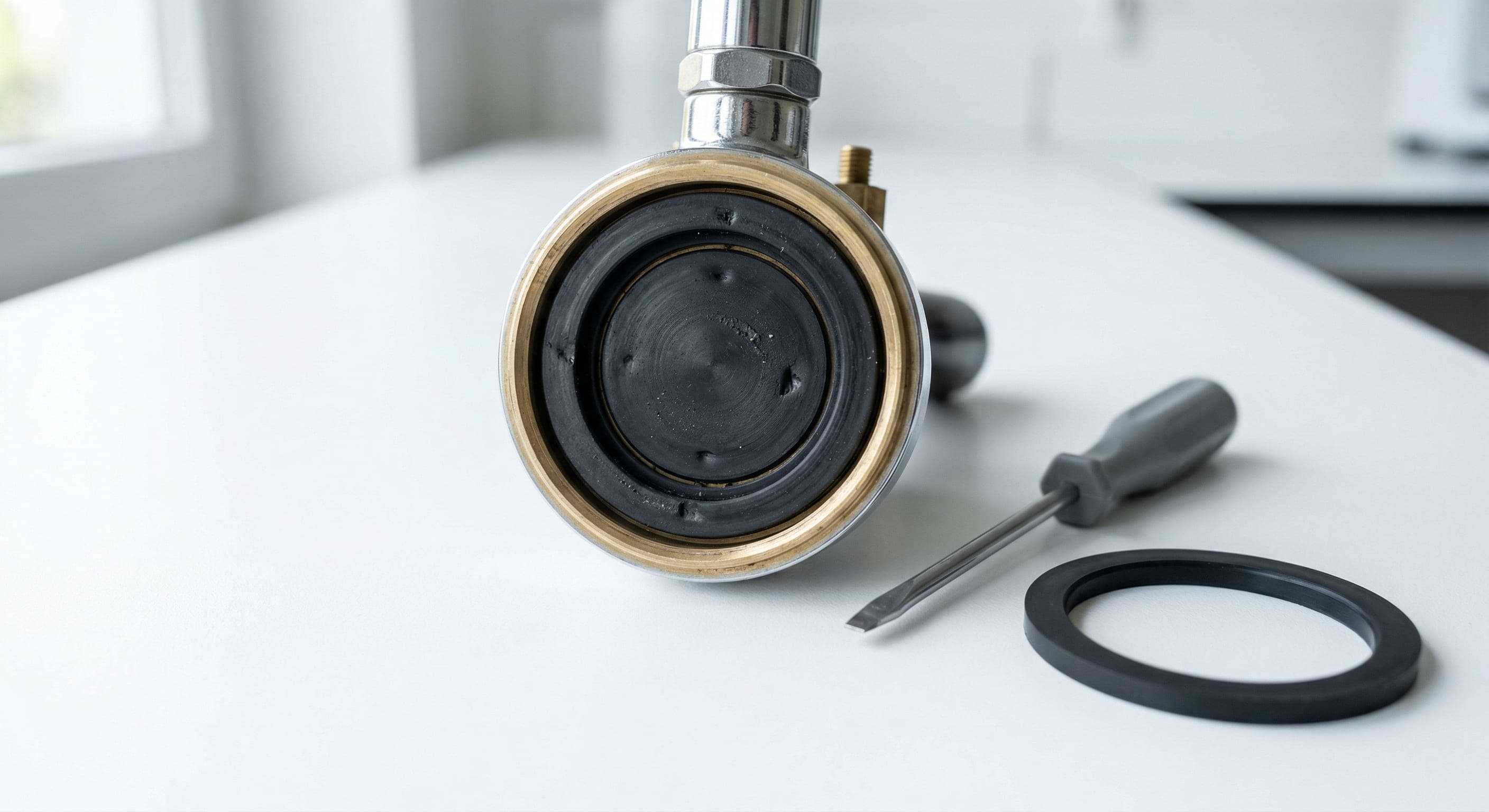 Close-up of espresso machine group head showing rubber group gasket — worn gasket removed beside new replacement gasket for comparison, with flathead screwdriver on white surface