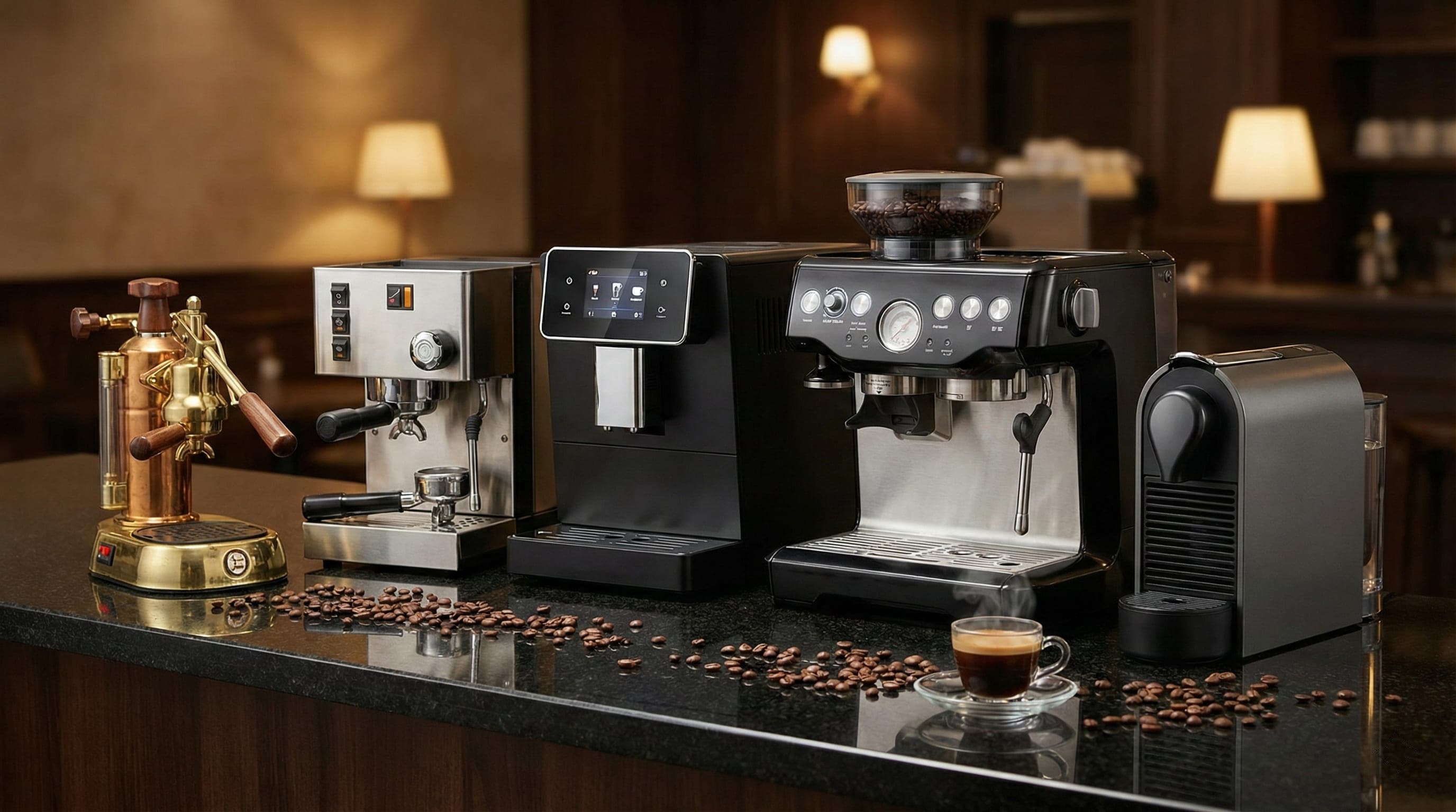 Professional semi-automatic espresso machine with commercial-grade portafilter extracting perfect espresso shot with golden crema at 9 bars pressure, showing temperature PID control and dual boiler system from 500+ products tested by barista trainer