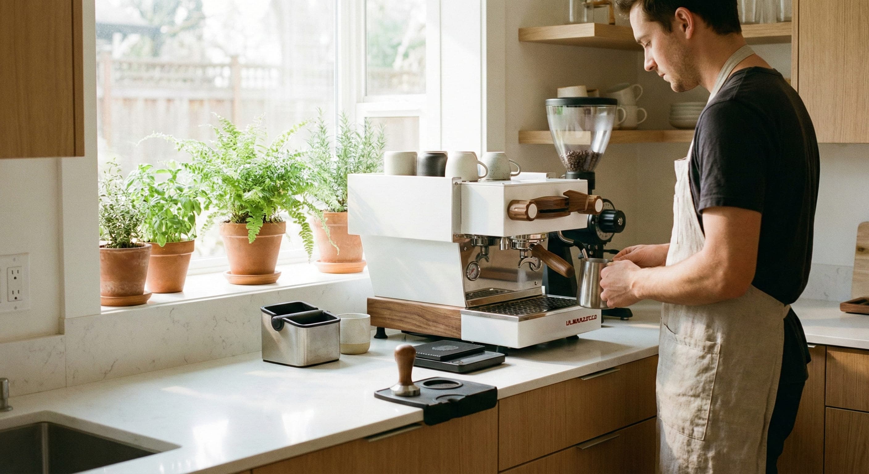 Home barista working with semi-automatic espresso machine in modern kitchen showing typical morning workflow with grinder, tamper, milk pitcher, and extraction techniques learned from professional barista training, demonstrating proper portafilter handling and shot timing