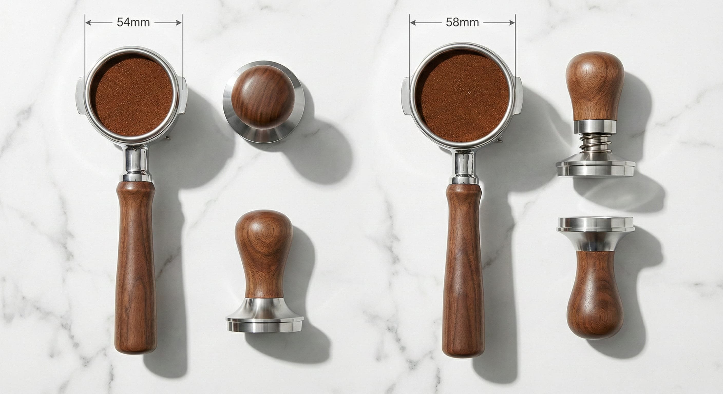 Professional comparison showing 58mm commercial portafilter with precision basket versus pressurized double-wall portafilter basket with cross-section views, demonstrating extraction flow patterns, crema formation differences, and barista technique requirements from espresso machine testing protocols
