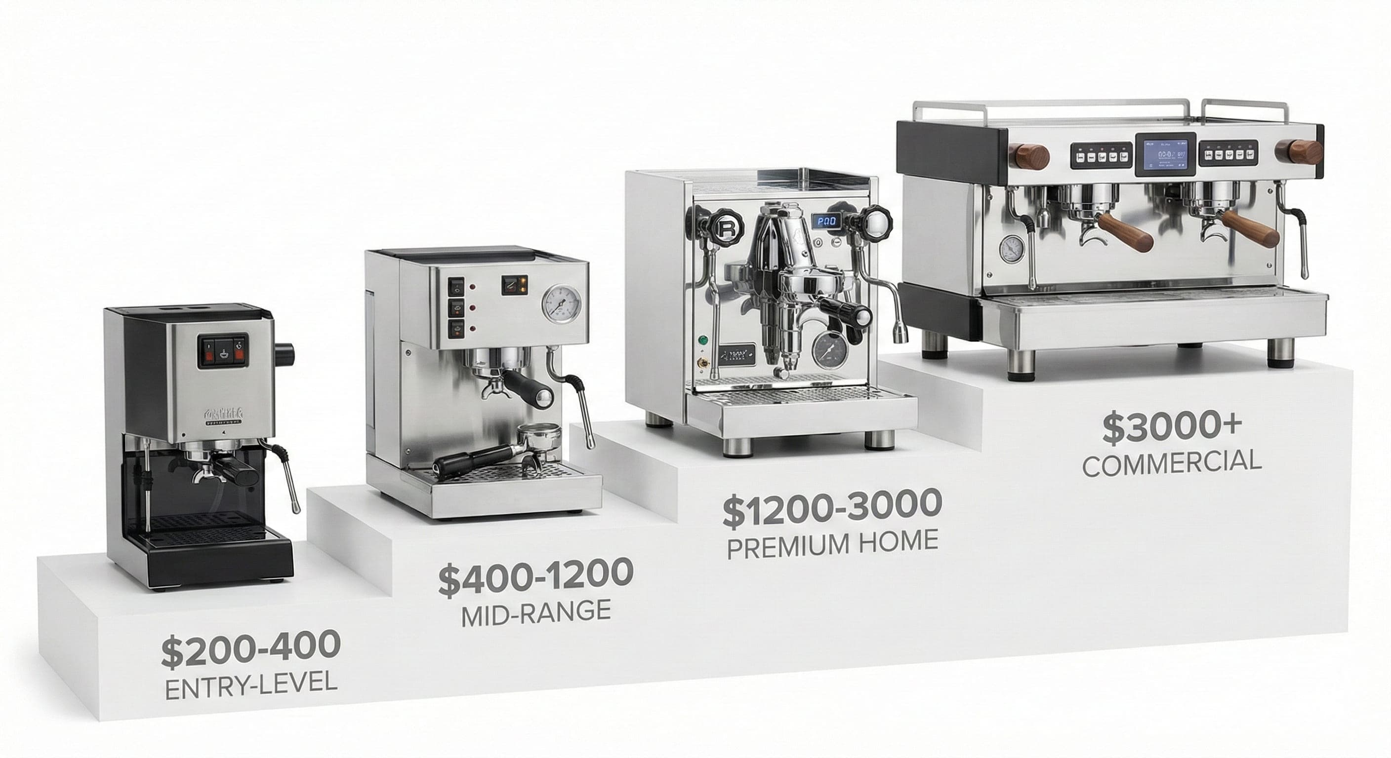 Espresso machines at different price tiers from $200 entry-level to $3000+ prosumer models showing feature progression including single vs dual boiler systems, PID temperature control, rotary vs vibratory pumps, commercial-grade components, and build quality differences from comprehensive testing of 200+ machines