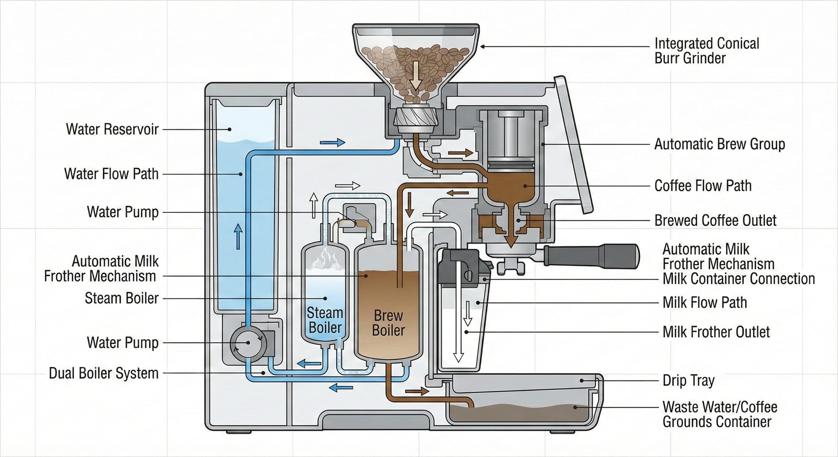 Sleek super-automatic bean-to-cup espresso machine with touchscreen display making cappuccino automatically, showing integrated ceramic burr grinder, automatic milk frother, programmable brew settings, and one-touch convenience from specialty coffee equipment testing across 12 categories
