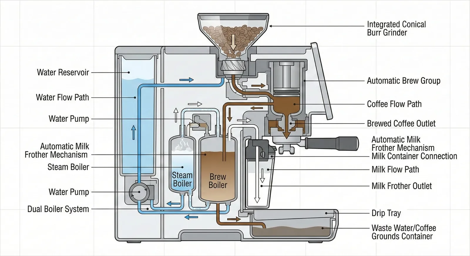 Cutaway of a super-automatic espresso machine showing grinder and brew unit