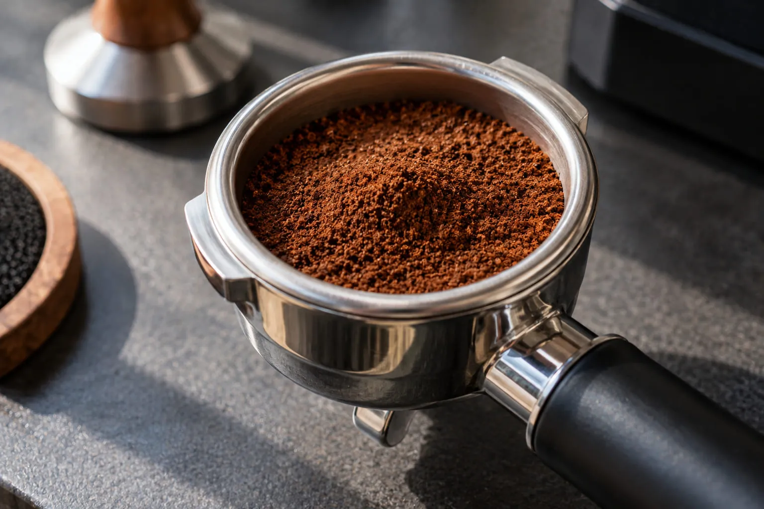 Portafilter basket filled with ground coffee, showing dose level relative to the basket's rim