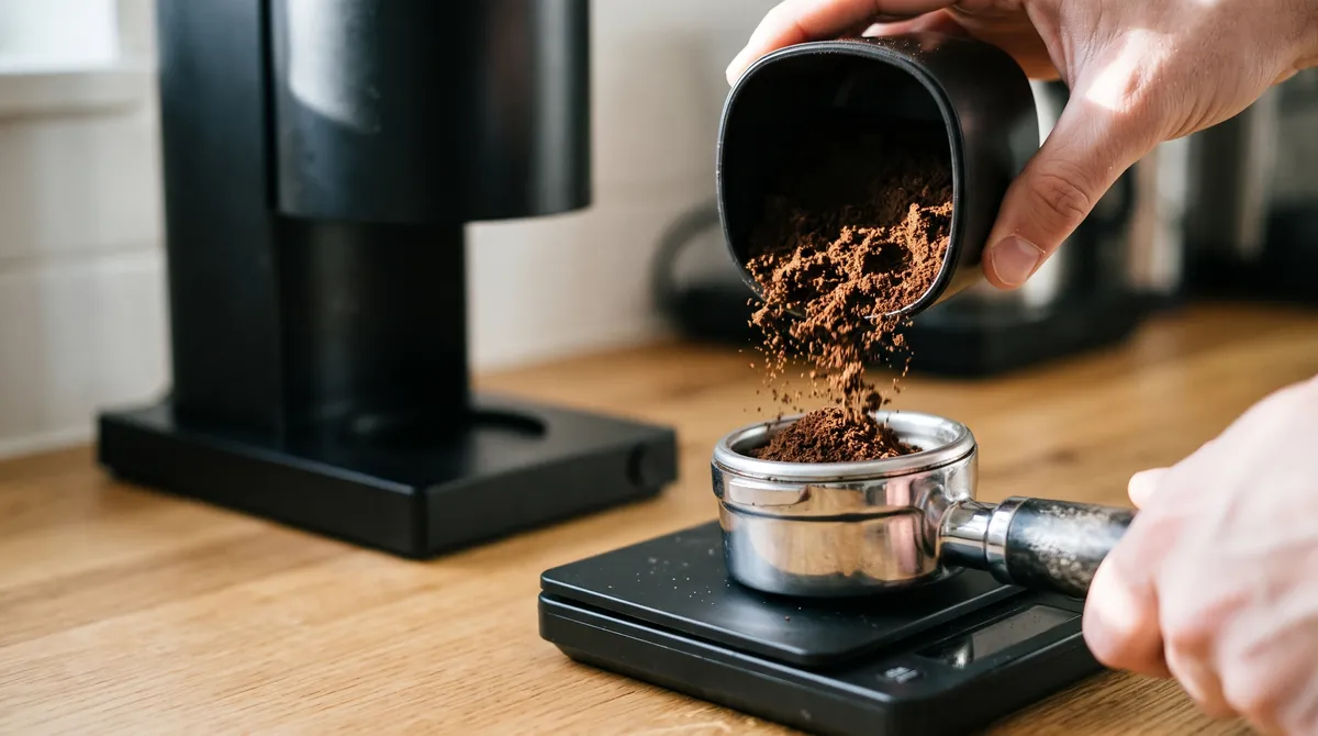 Fine espresso grounds poured from a grinder catch cup into a portafilter on a scale
