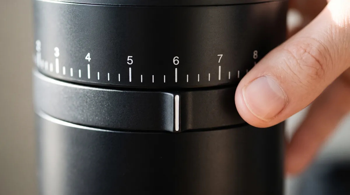 Close-up of a grinder's numbered grind dial with tick marks between each number and an indicator notch below