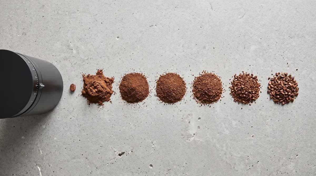Six piles of coffee grounds from fine espresso powder to extra-coarse cold brew grind