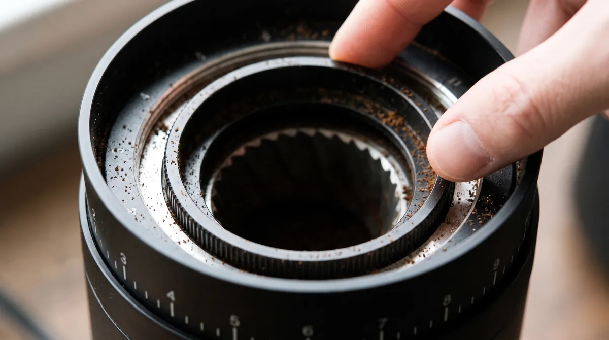 Hand turning the inner micro-adjustment ring inside a grinder with the hopper lid removed