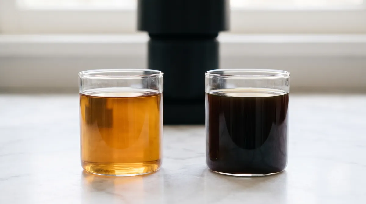 Two cups of coffee side by side showing a pale under-extracted brew and a dark over-extracted brew