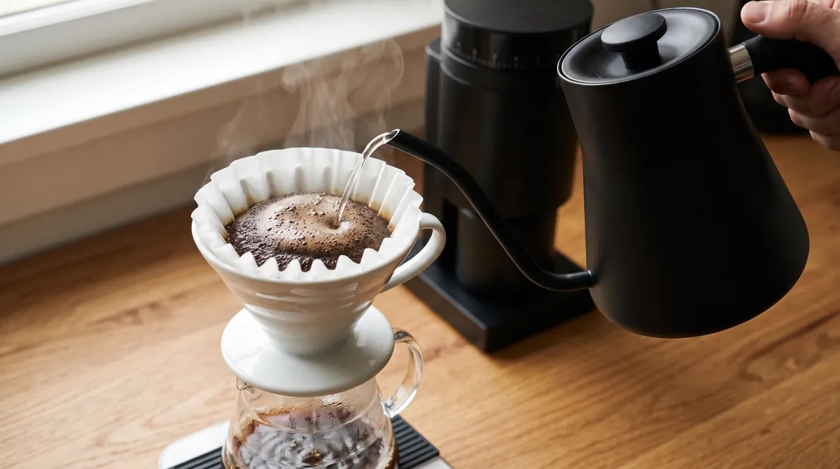 Water poured in a spiral over a blooming coffee bed in a V60 dripper, grinder in the background