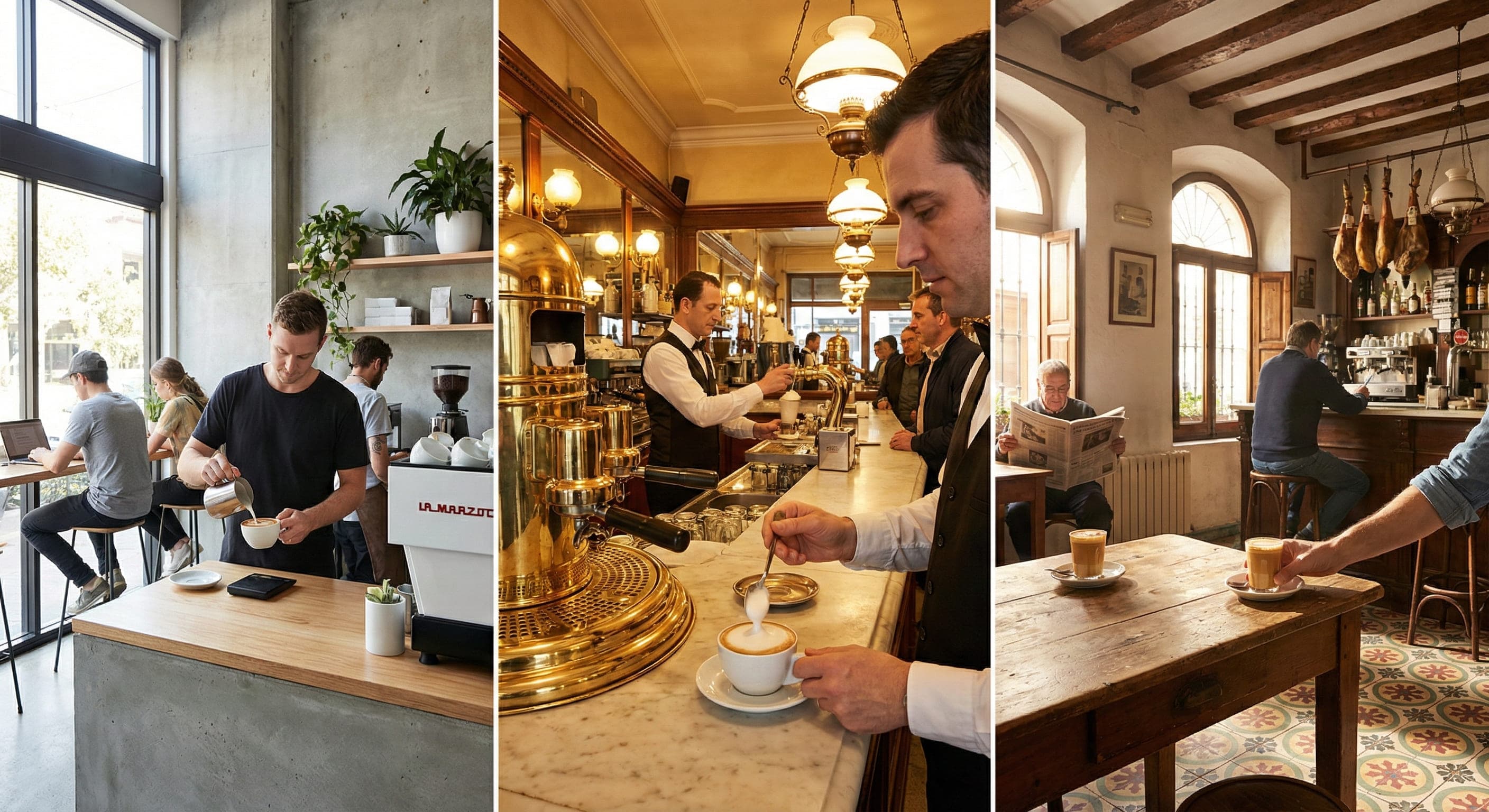 Cultural origins split image showing Australian specialty café culture for flat white, traditional Italian espresso bar for cappuccino, and authentic Spanish café for cortado with regional coffee traditions