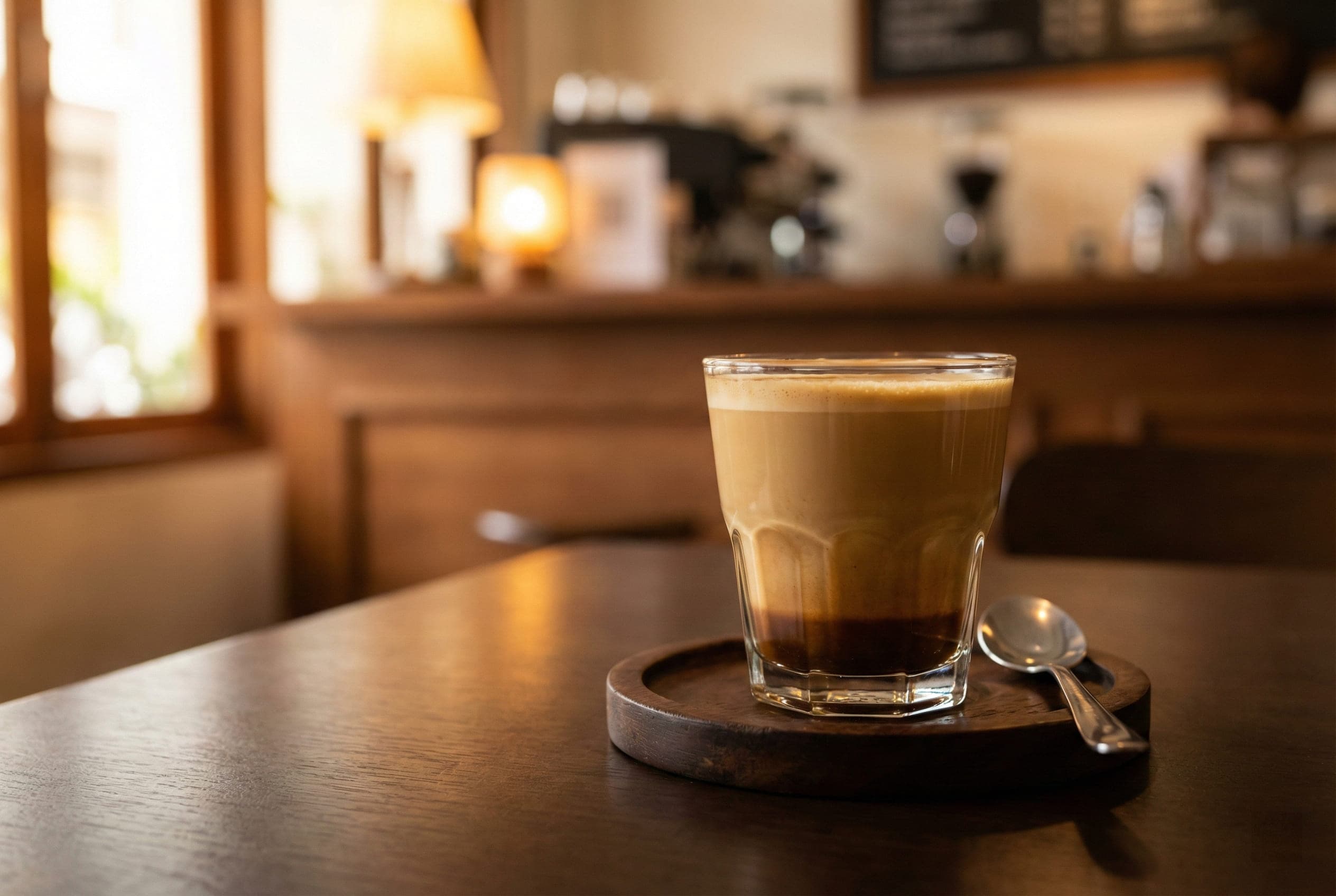 Spanish cortado served in traditional Gibraltar glass showing perfect 1:1 espresso-to-milk ratio with equal layers of concentrated espresso and minimal steamed milk for coffee-forward taste