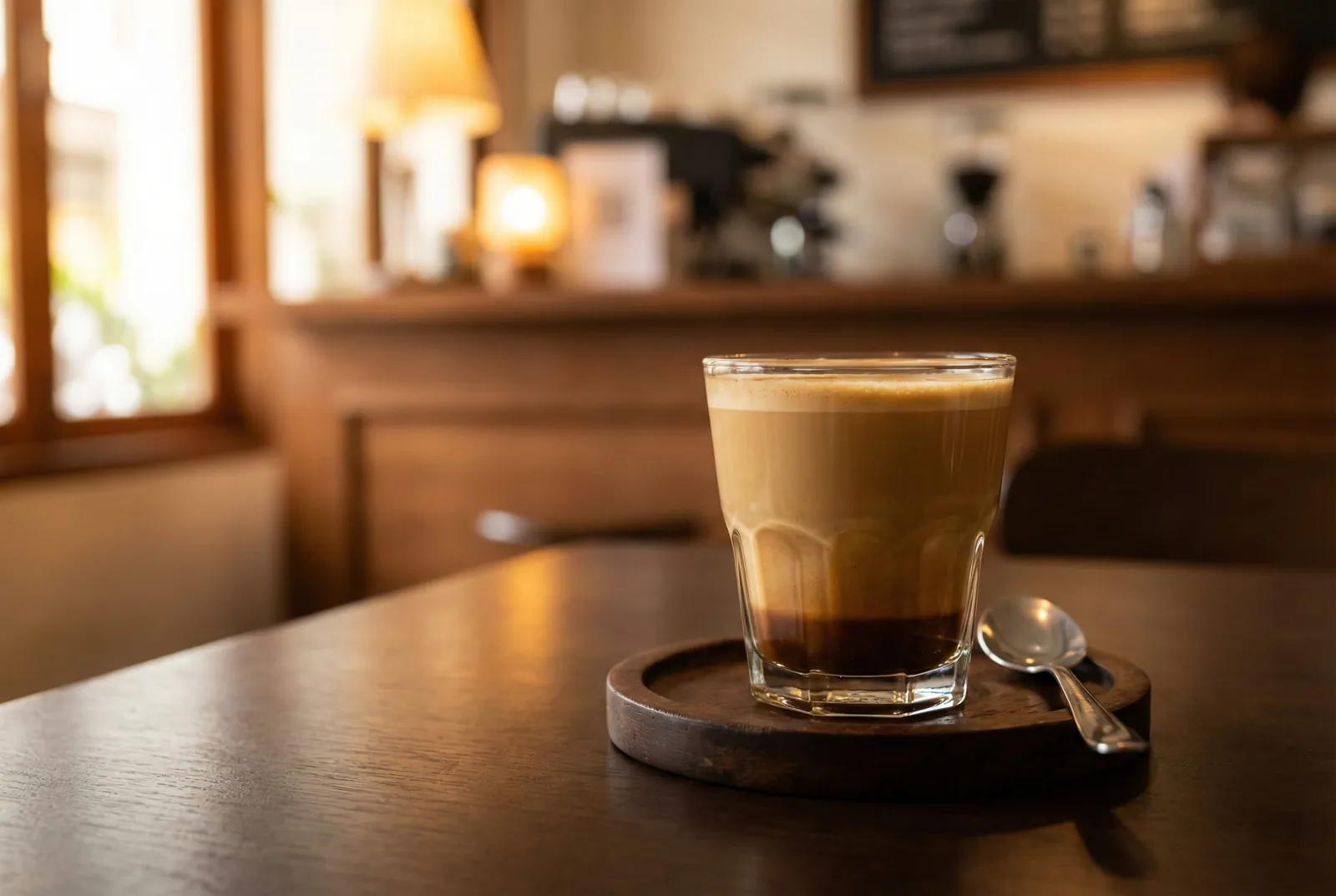 Cortado in a small glass on a saucer on a wooden café table