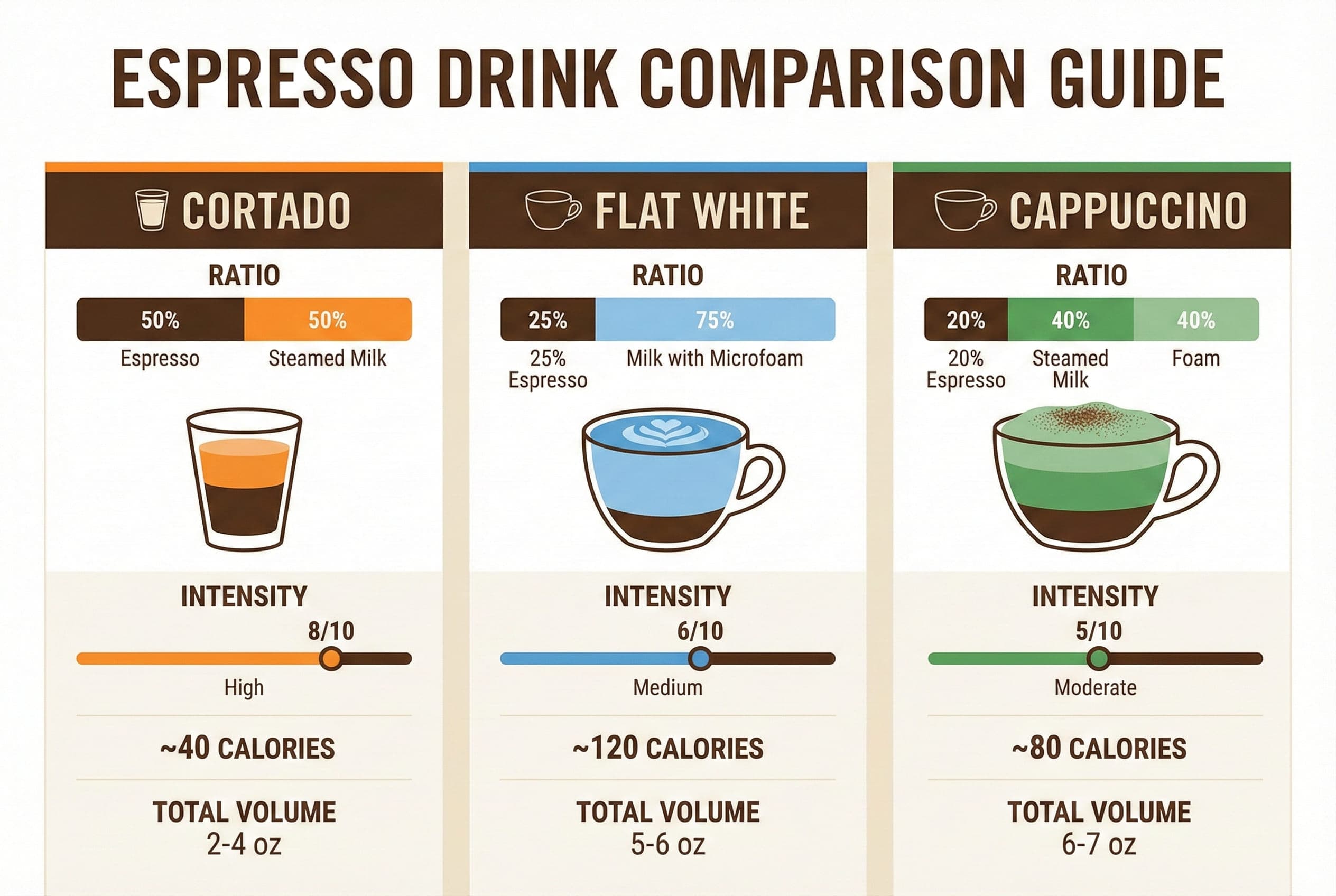 Detailed infographic comparing espresso-to-milk ratios for flat white (1:3), cappuccino (1:2), and cortado (1:1) with precise measurements and barista preparation guidelines