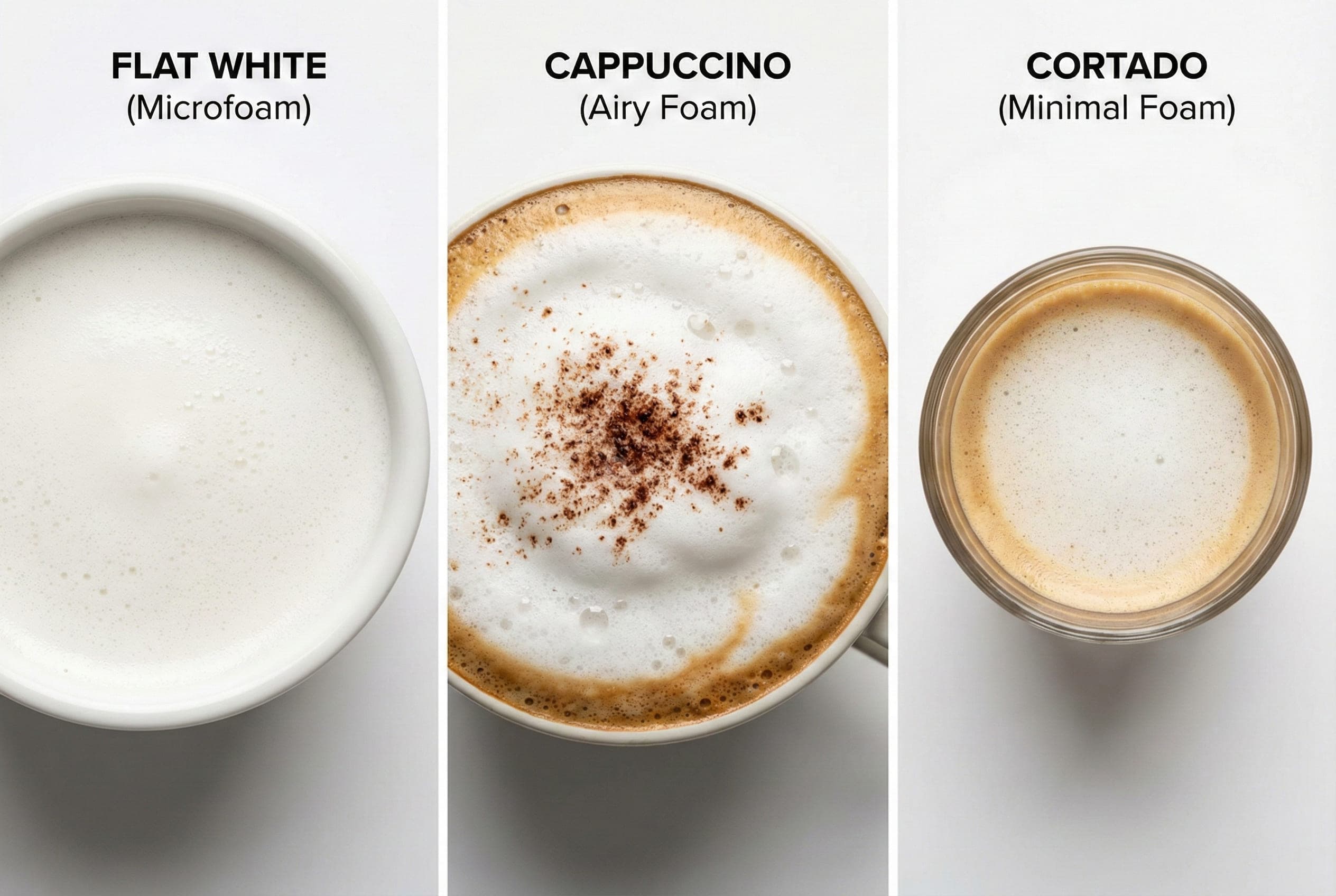 Detailed close-up comparison of microfoam texture differences showing flat white velvety integration, cappuccino thick dry foam, and cortado minimal foam from professional barista milk steaming techniques