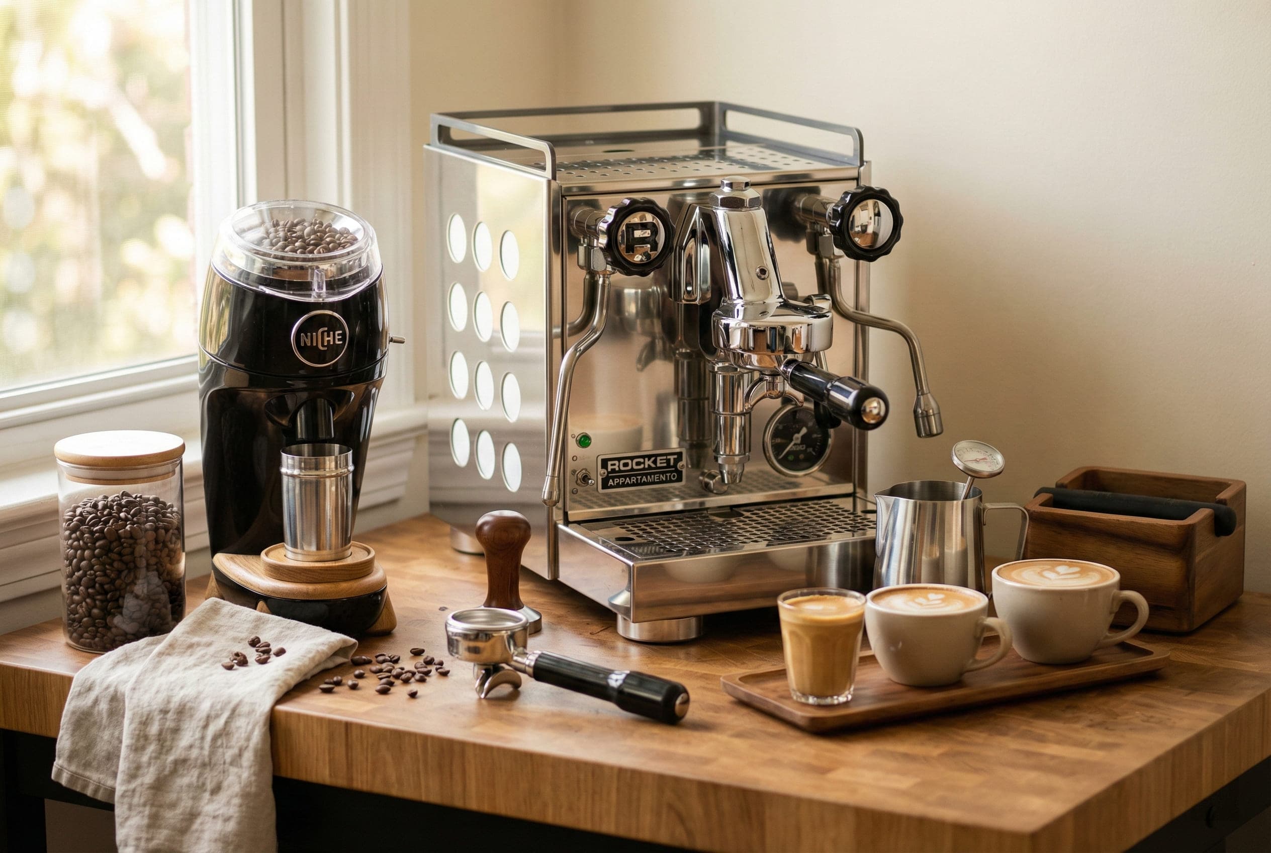 Complete home espresso station setup including dual-boiler machine, burr grinder, milk pitcher, and proper serving cups for making authentic flat whites, cappuccinos, and cortados
