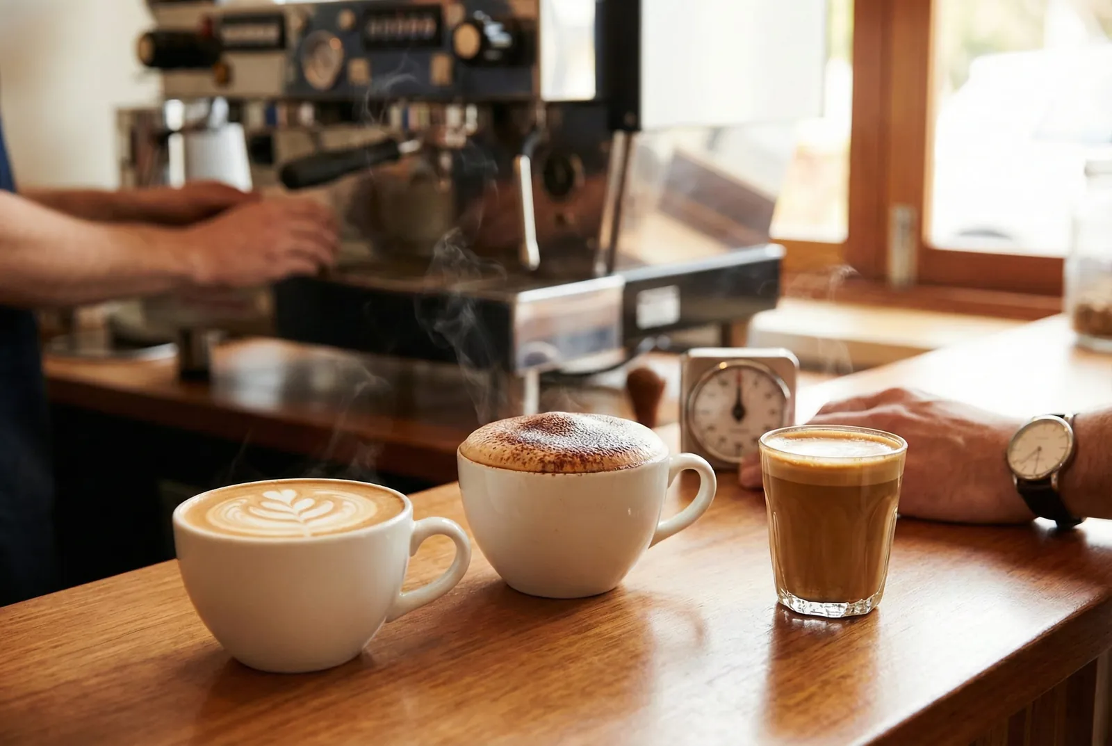 A flat white, a cappuccino dusted with cocoa and a cortado in a glass on a café counter